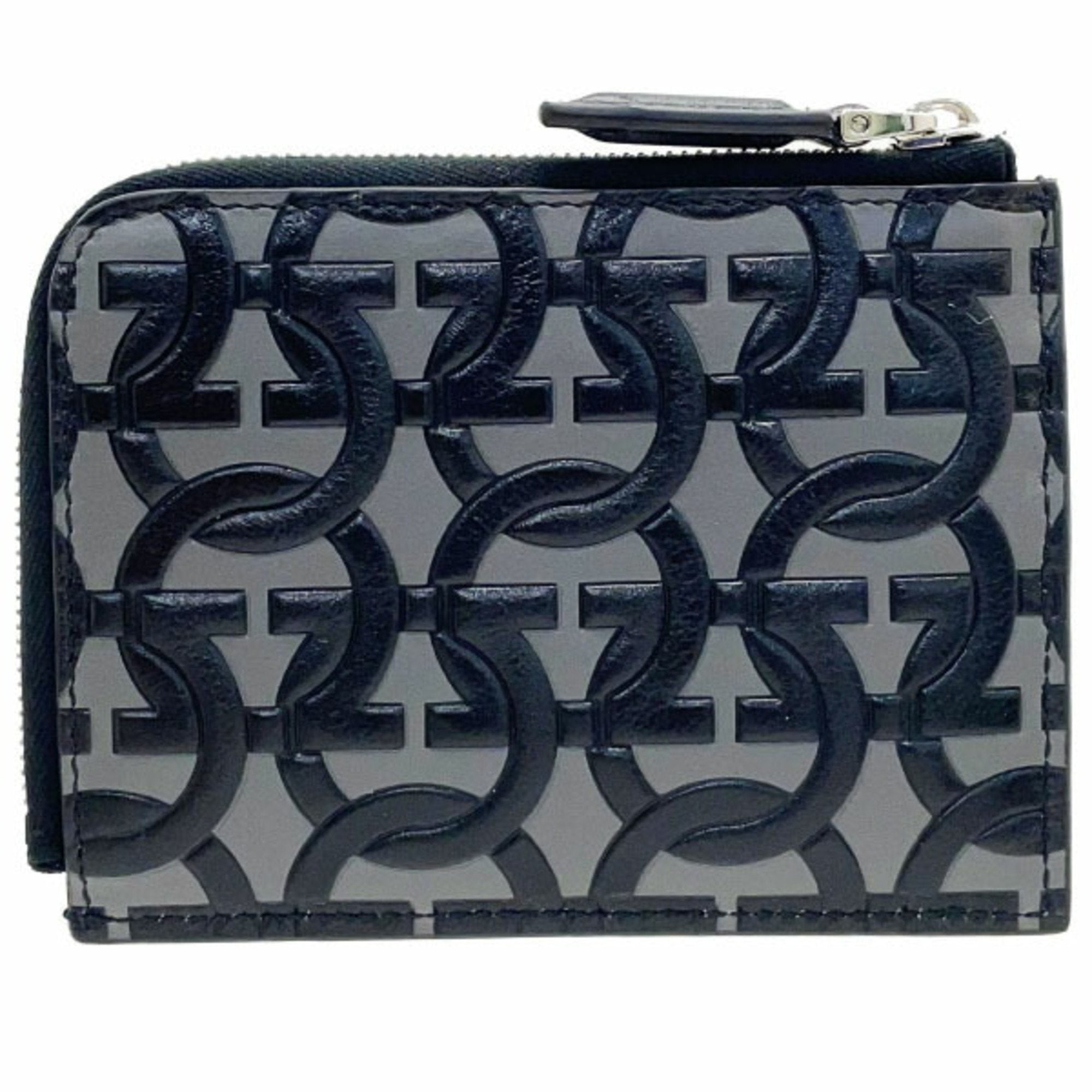 Salvatore Ferragamo Gancini Black Gray Leather Coin Purse/Coin Case (Pre-Owned)