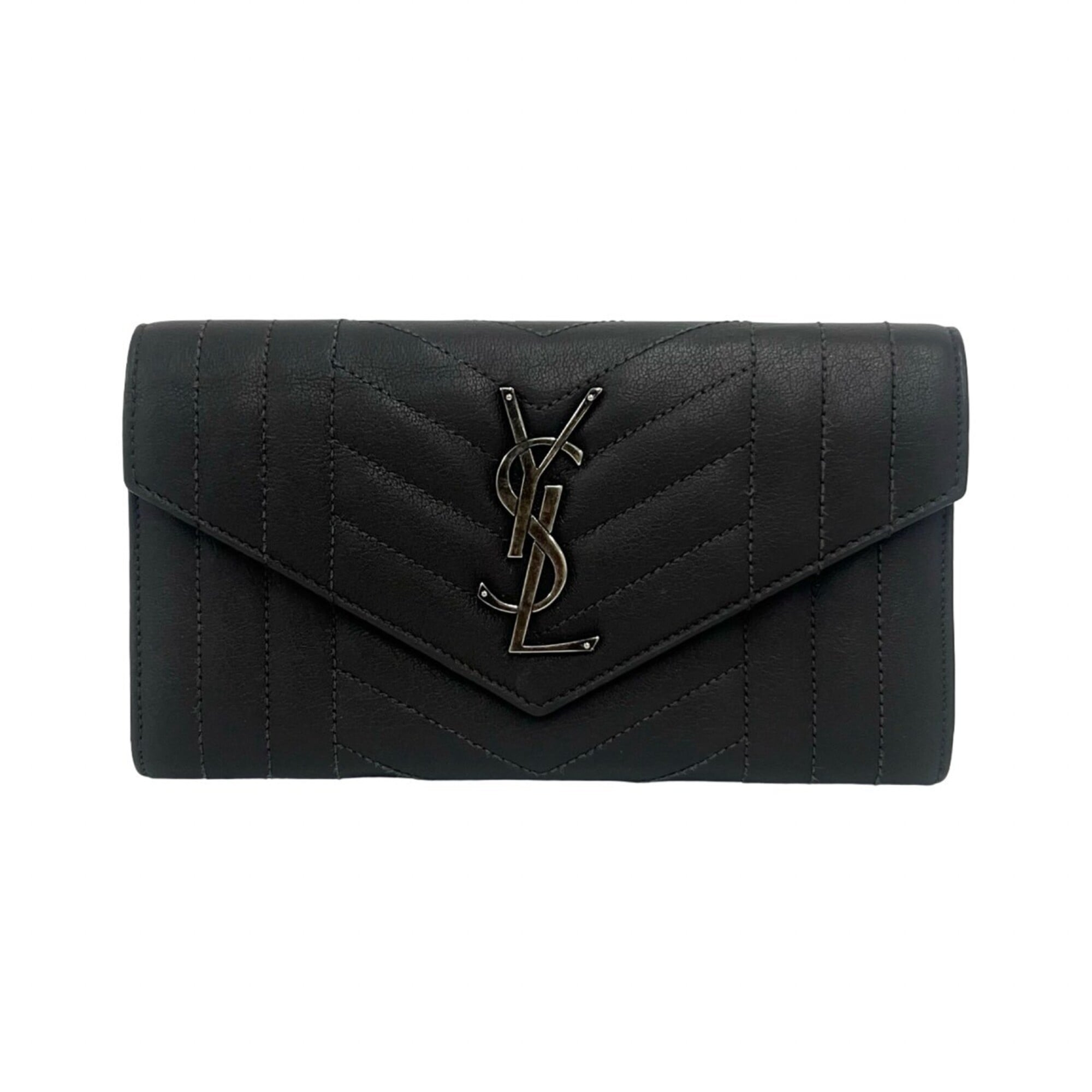 Saint Laurent Gray Leather Long Wallet (Bi-Fold) (Pre-Owned)
