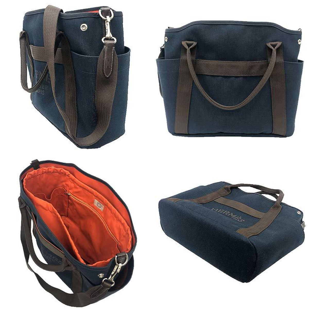 Hermes Brown Navy Canvas Shoulder Bag Tote Bag (Pre-Owned)