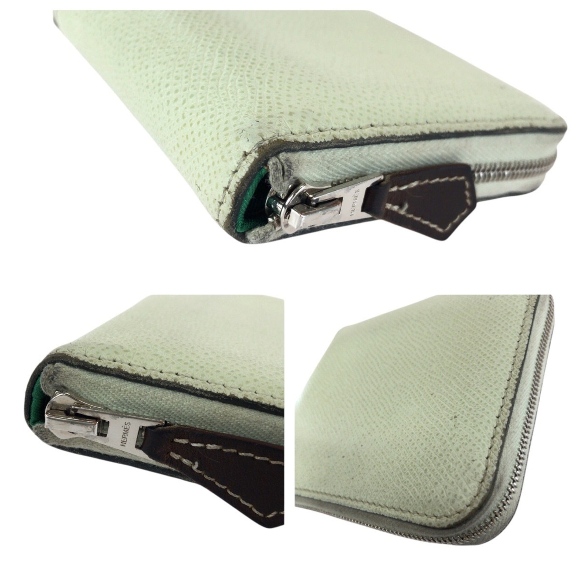 Hermes Light Green Epsom Leather Silk Coin Purse/Coin Case (Pre-Owned)