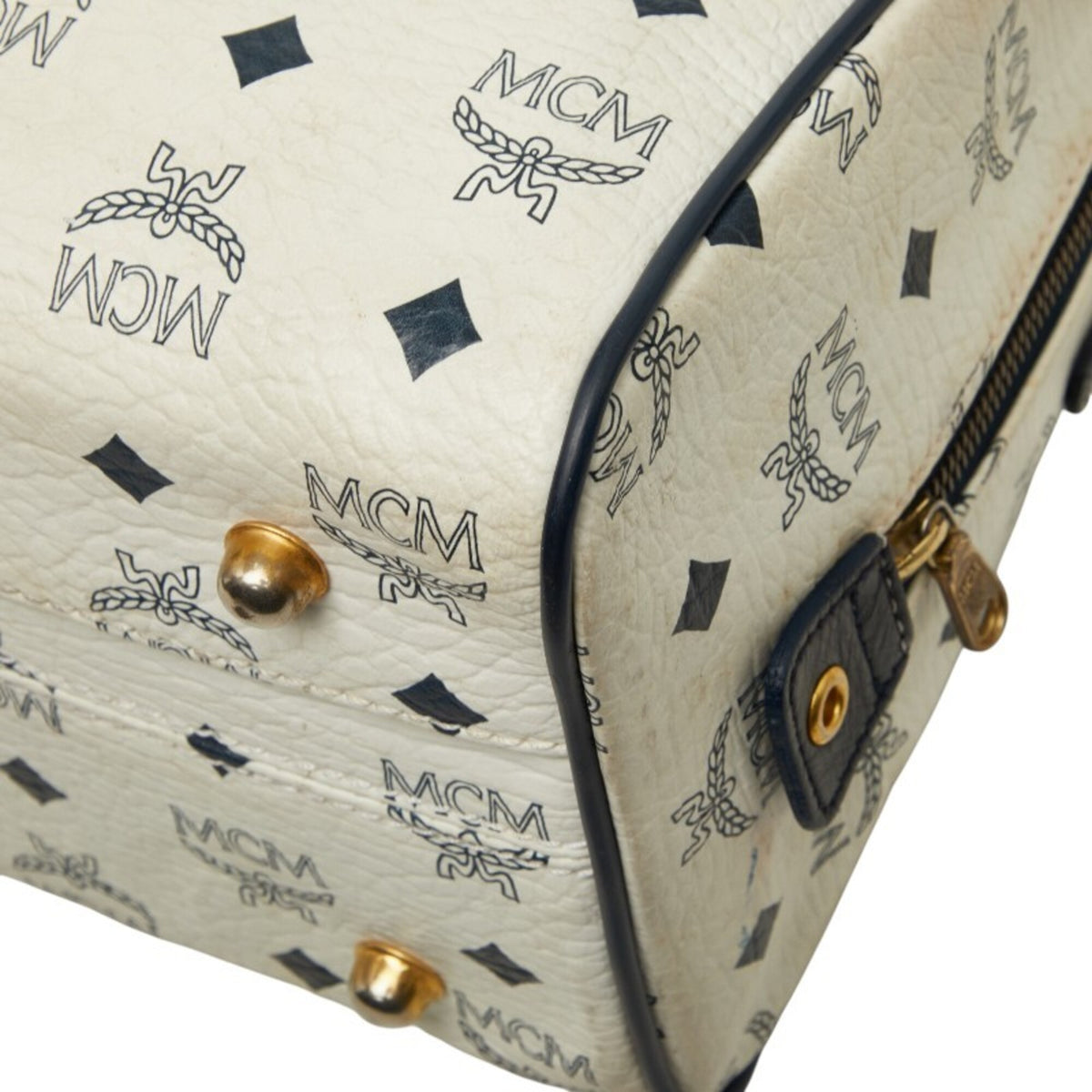 Mcm Gold Navy White Pvc Leather Boston Bag Handbag (Pre-Owned)