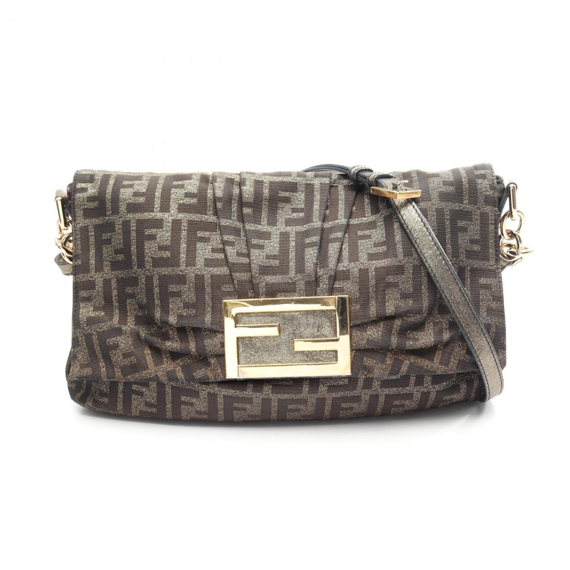 Fendi Brown Khaki Leather Nylon Canvas Handbag Shoulder Bag (Pre-Owned)