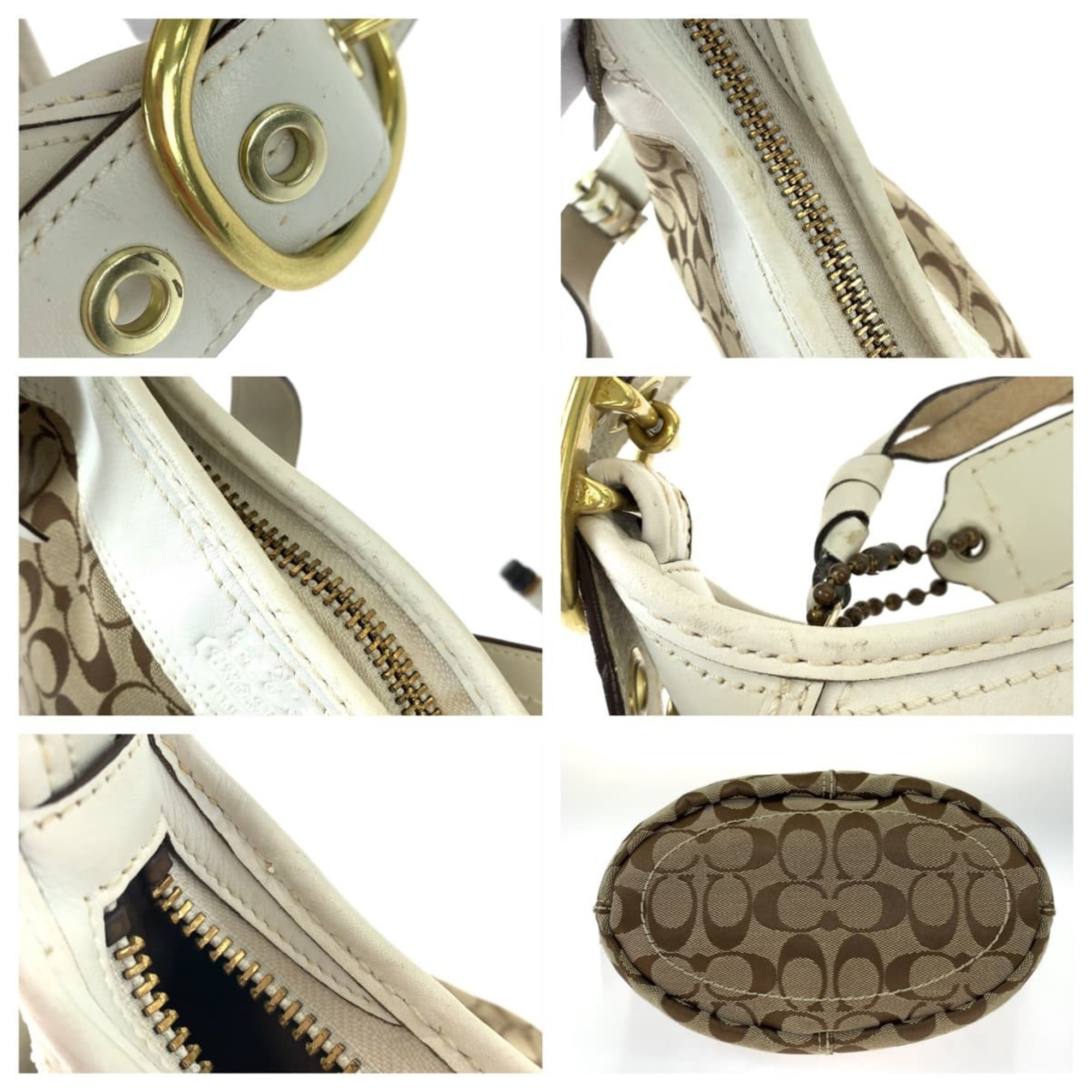 Coach Beige White Canvas Leather Shoulder Bag (Pre-Owned)