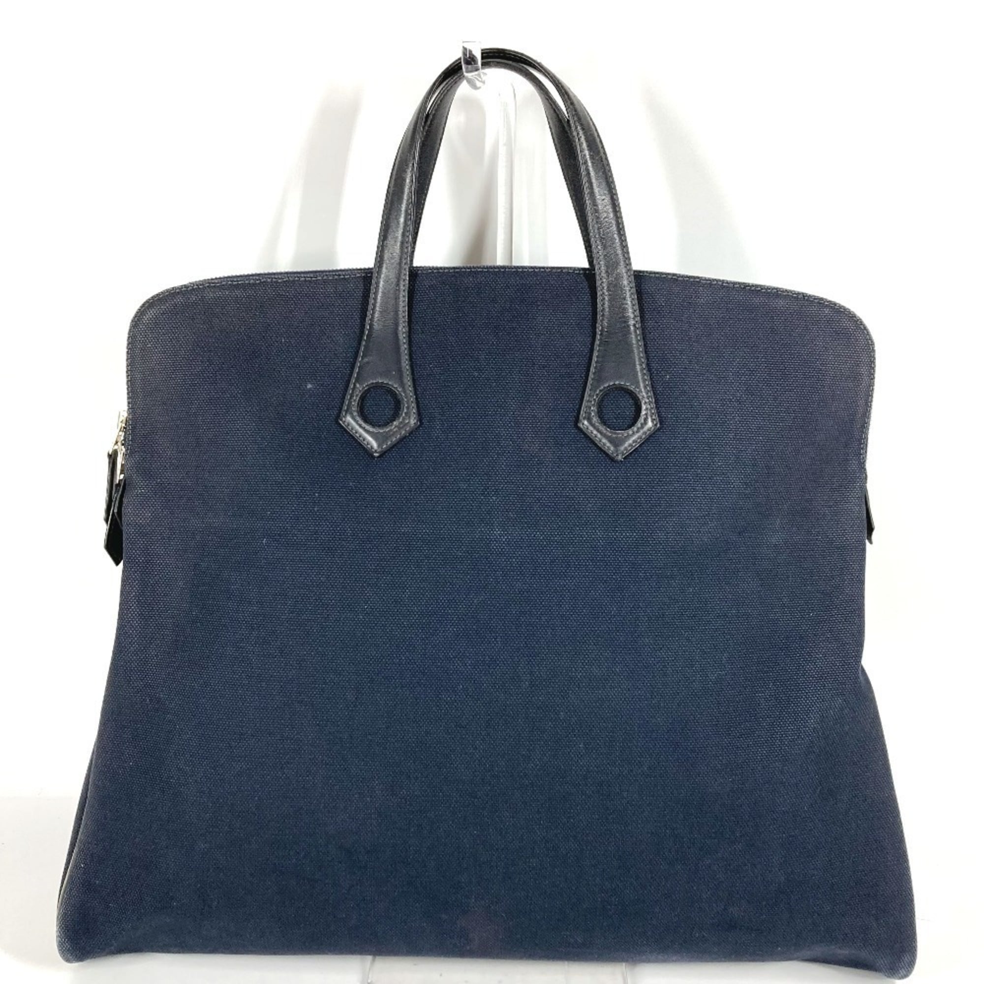 Hermes Black Navy Canvas Leather Boston Bag Handbag Tote Bag (Pre-Owned)