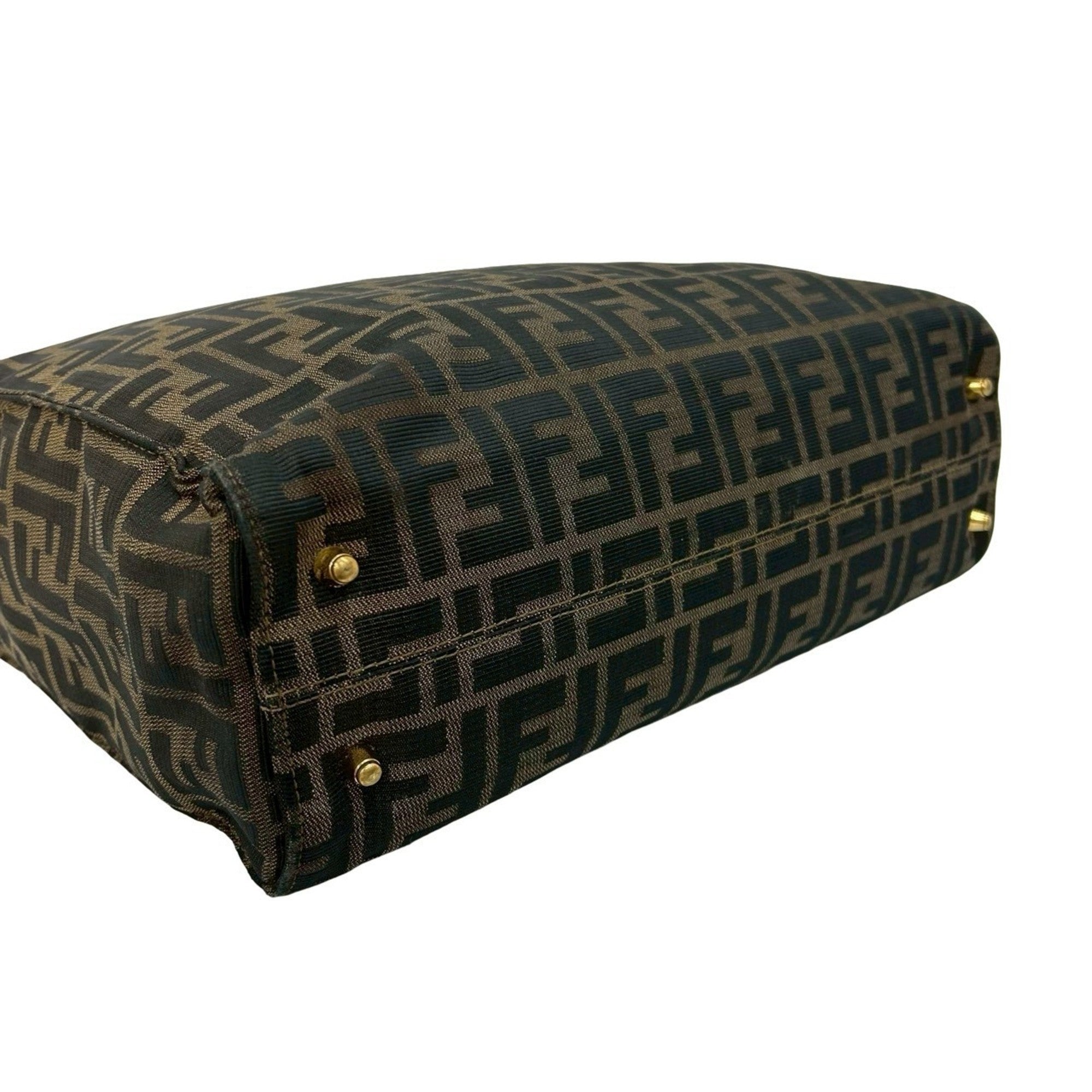 Fendi Black Brown Khaki Canvas Leather Handbag Tote Bag (Pre-Owned)