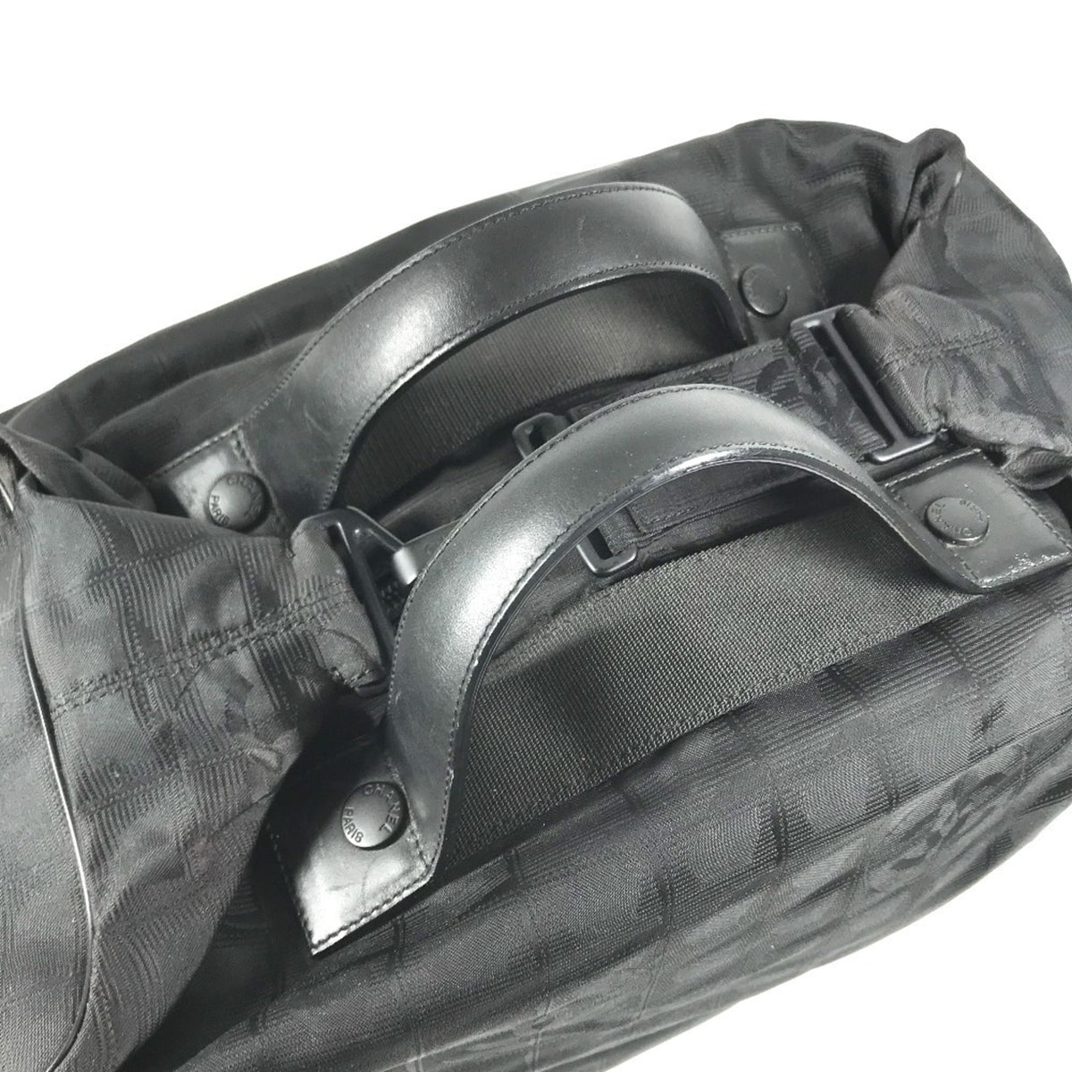 Chanel New Travel Line Black Nylon Leather Boston Bag Handbag (Pre-Owned)