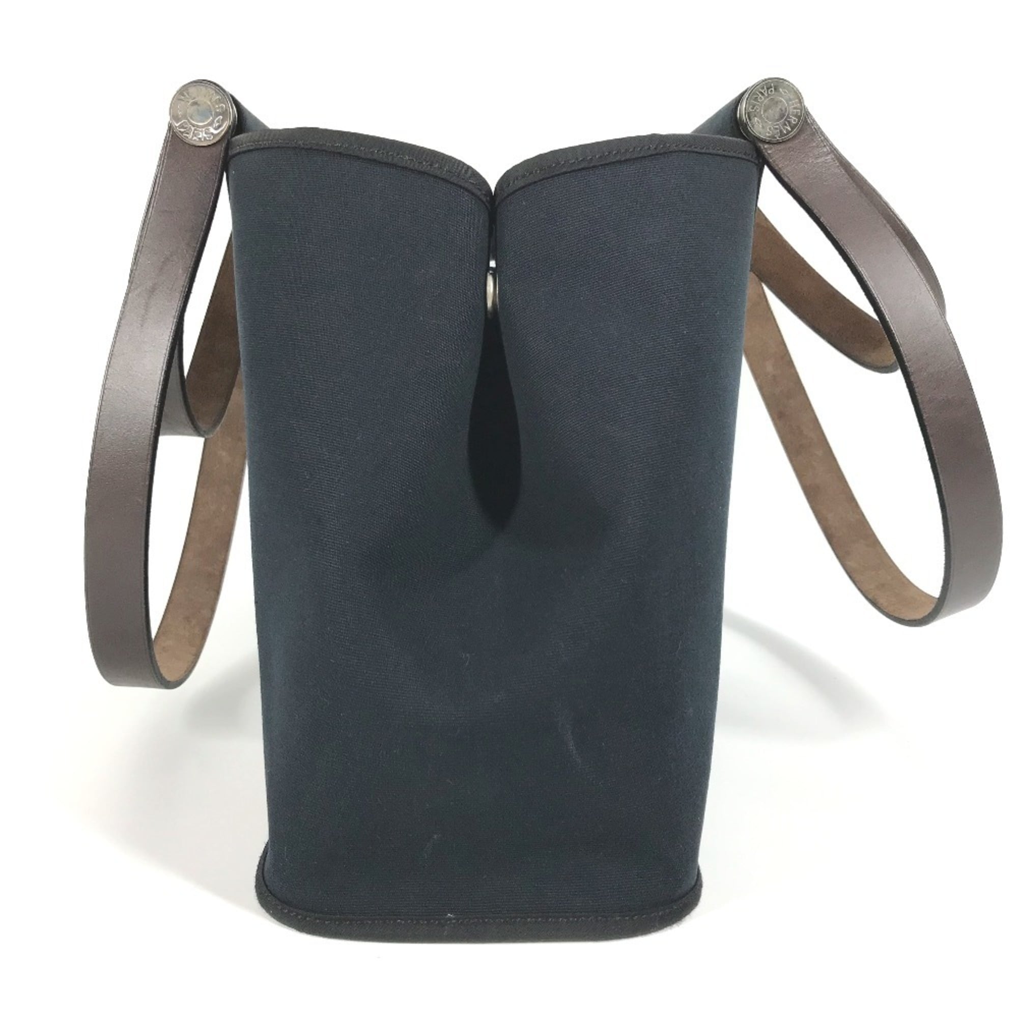 Hermes Dark Navy Leather Canvas Shoulder Bag Tote Bag (Pre-Owned)
