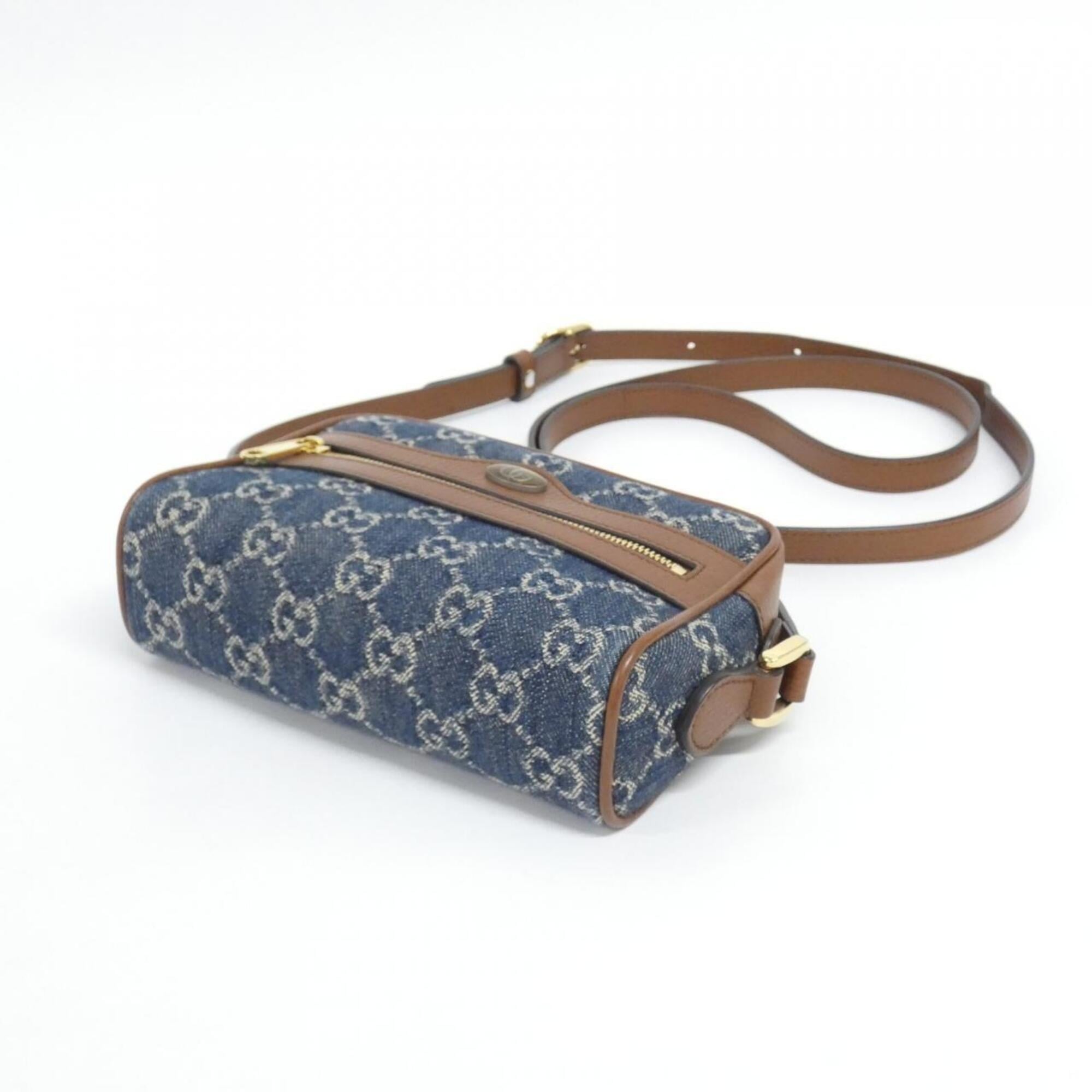 Gucci Brown Dark Blue Denim Leather Shoulder Bag (Pre-Owned)