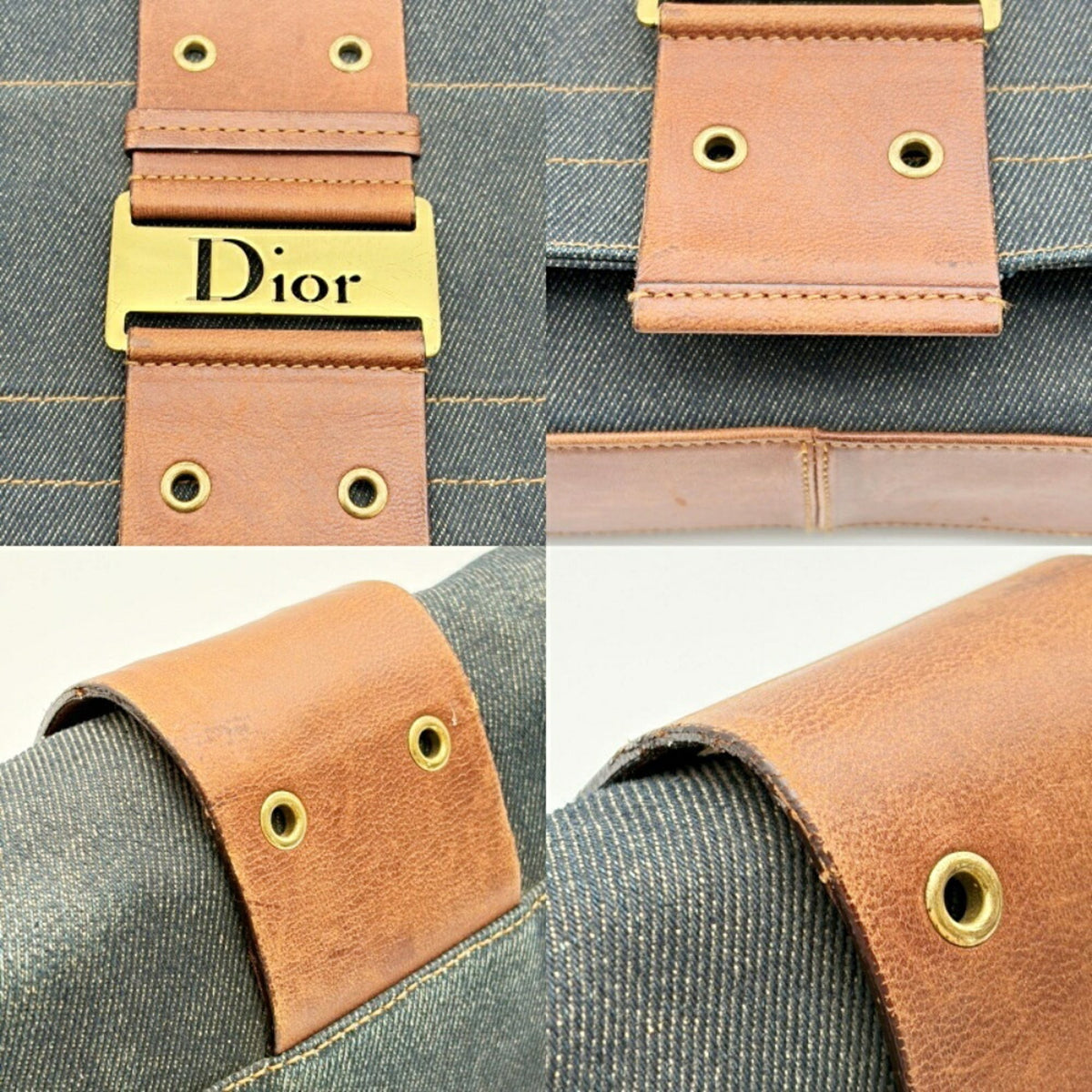 Christian Dior Brown Navy Denim Leather Shoulder Bag (Pre-Owned)