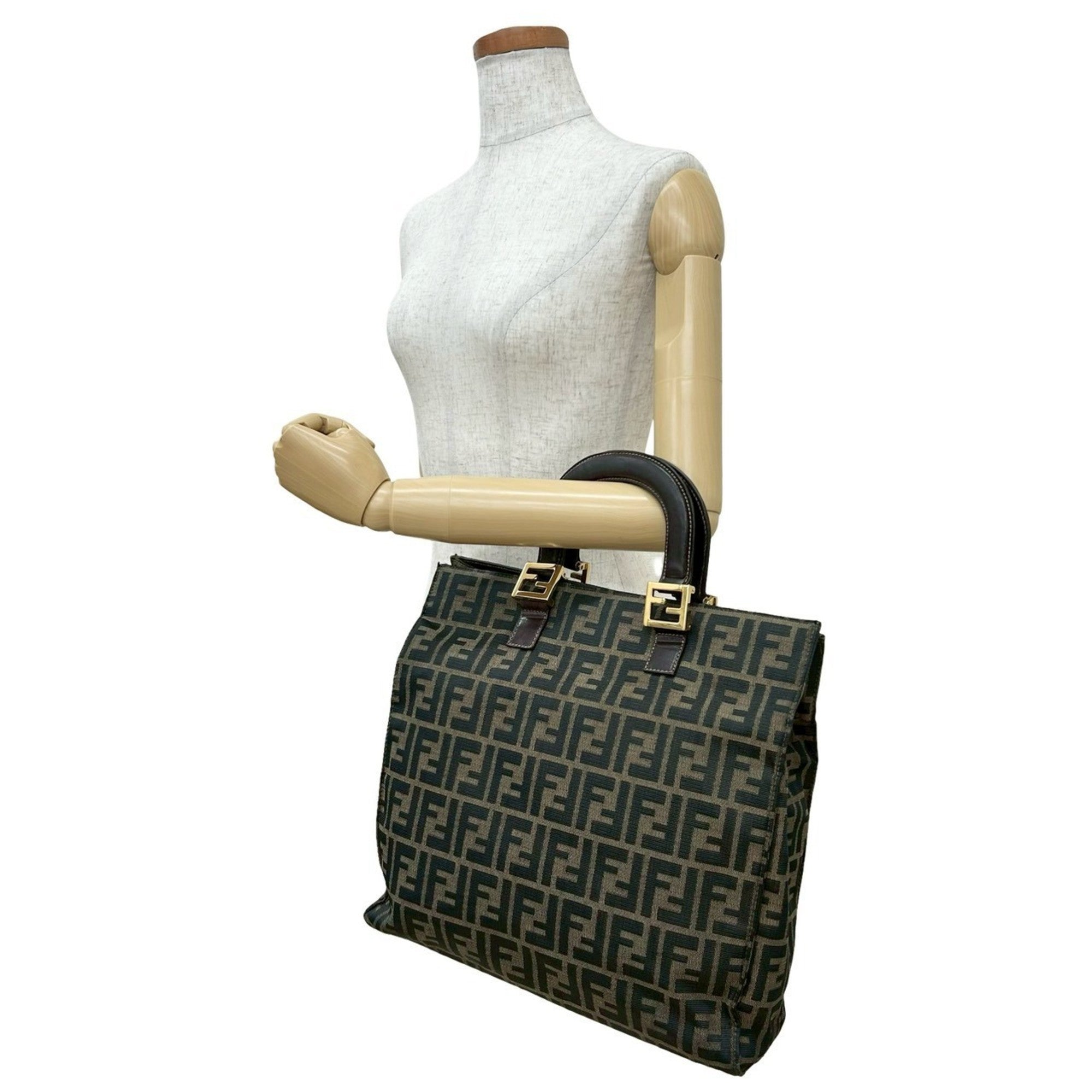 Fendi Black Brown Khaki Canvas Leather Handbag Tote Bag (Pre-Owned)