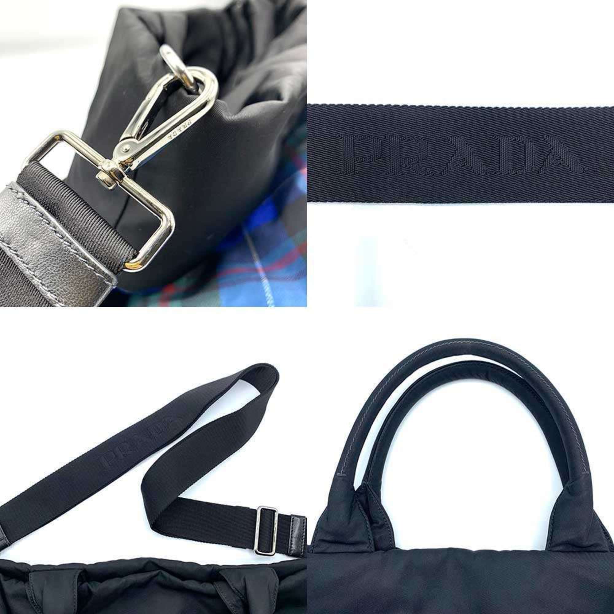 Prada Black Blue Nylon Leather Handbag Shoulder Bag (Pre-Owned)