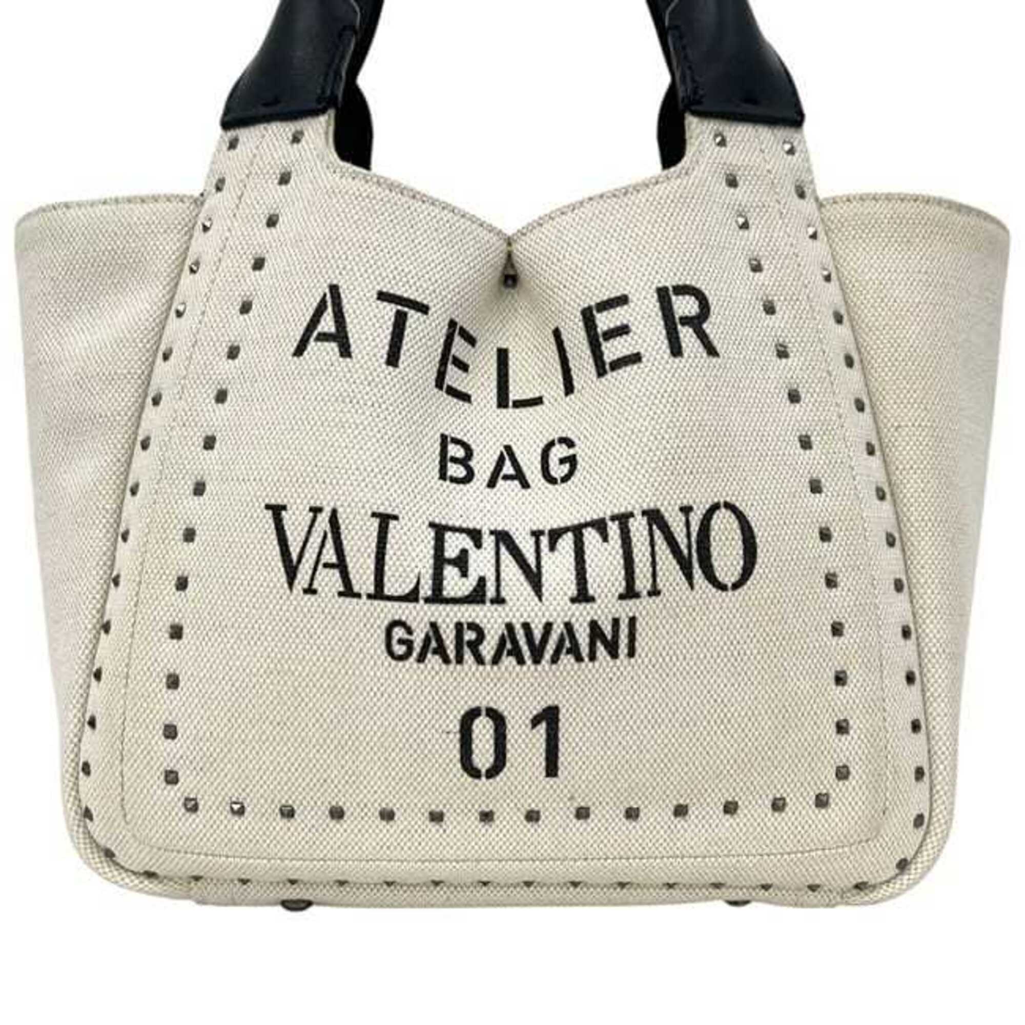 Valentino Garavani Beige Black Canvas Leather Handbag Shoulder Bag (Pre-Owned)