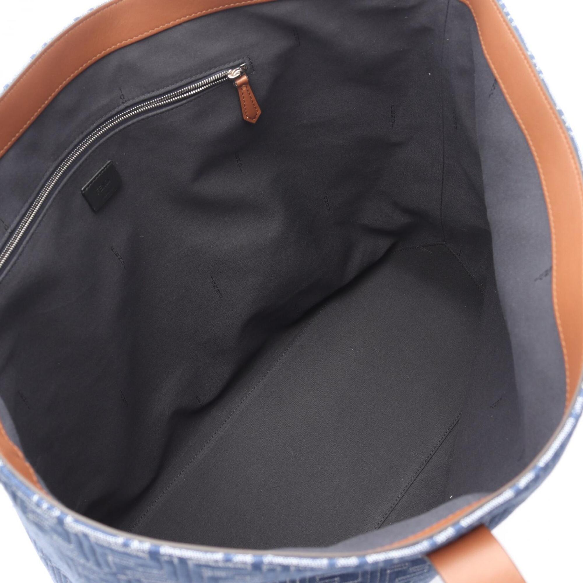 Fendi Blue Brown Canvas Leather Handbag Tote Bag (Pre-Owned)