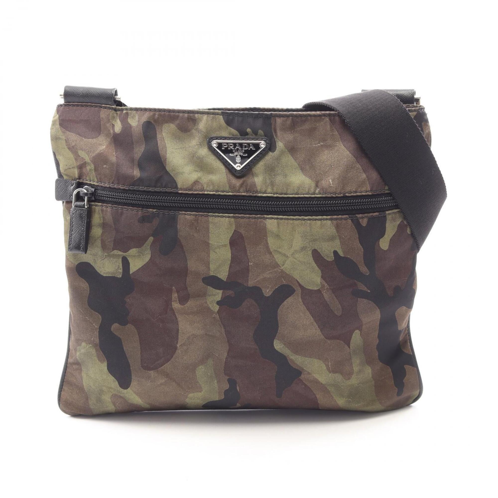 Prada Black Brown Khaki Nylon Leather Handbag Shoulder Bag (Pre-Owned)