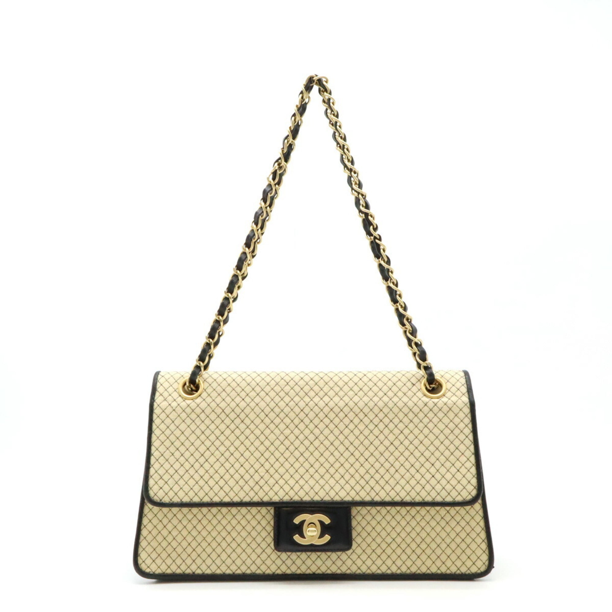Chanel Beige Black Jersey Leather Shoulder Bag (Pre-Owned)
