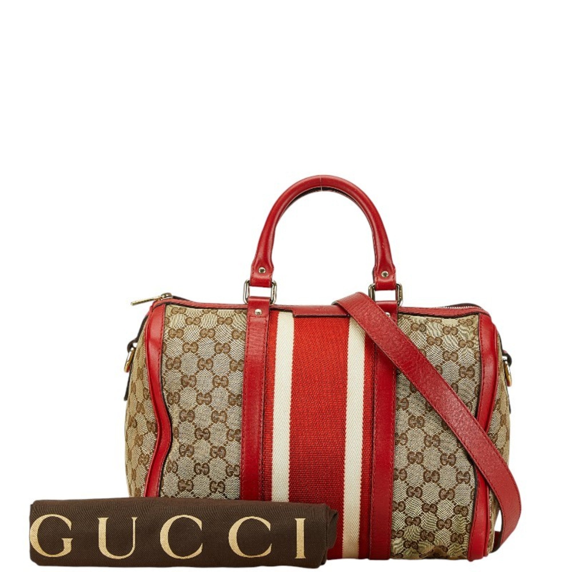 Gucci Beige Red Color Canvas Leather Boston Bag Shoulder Bag (Pre-Owned)