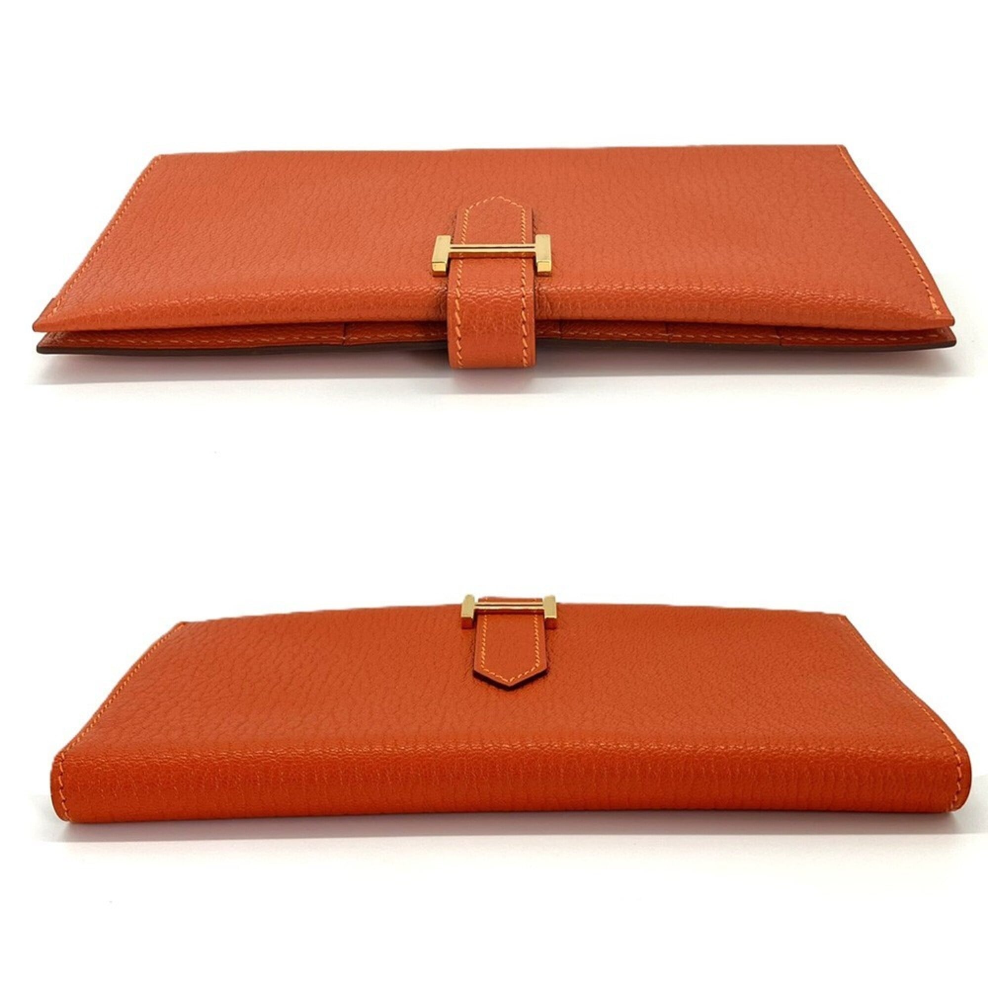 Hermes Bearn Orange Chevre Leather Long Wallet (Bi-Fold) (Pre-Owned)