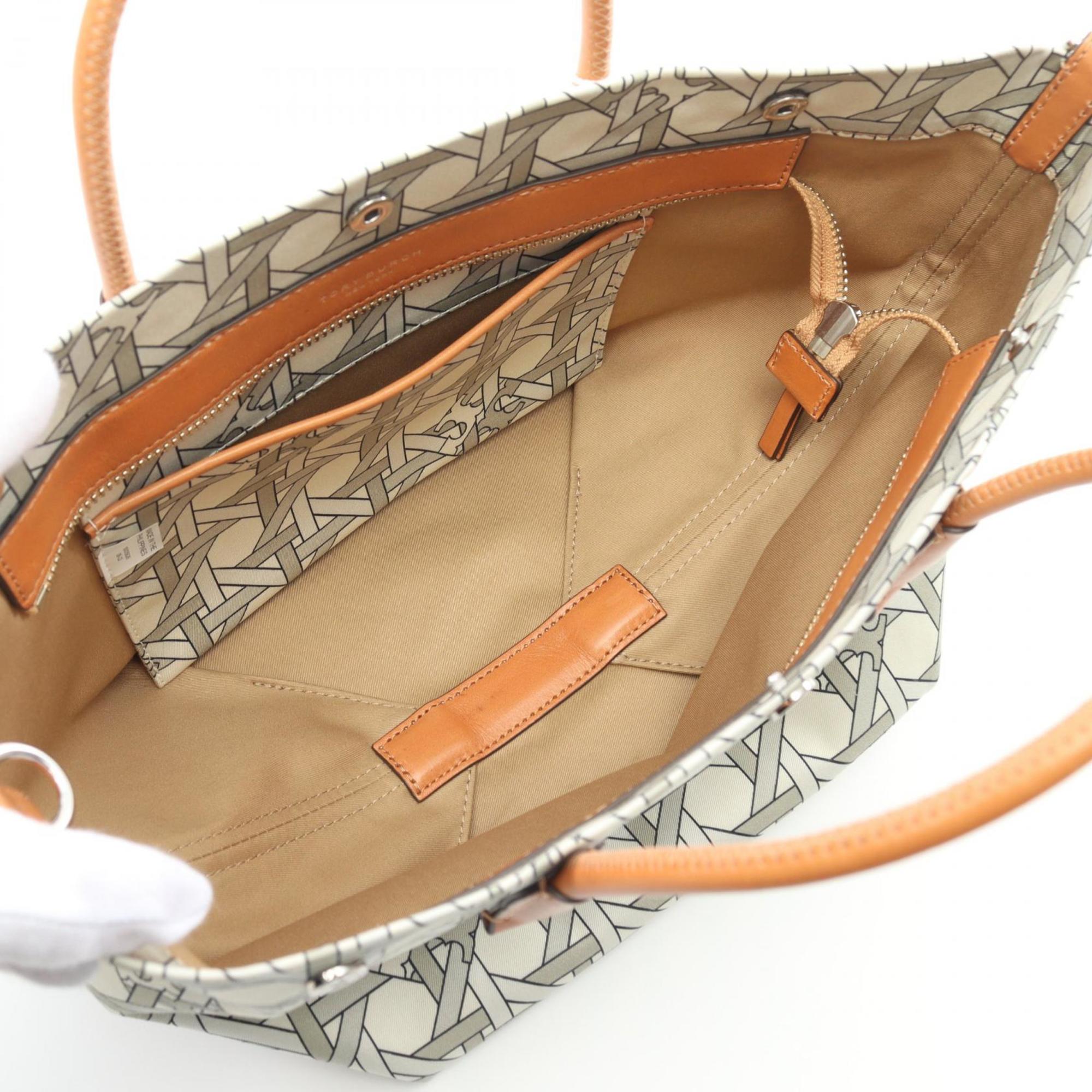 Tory Burch Beige Brown Multi-Color Canvas Leather Basket Tote Bag (Pre-Owned)