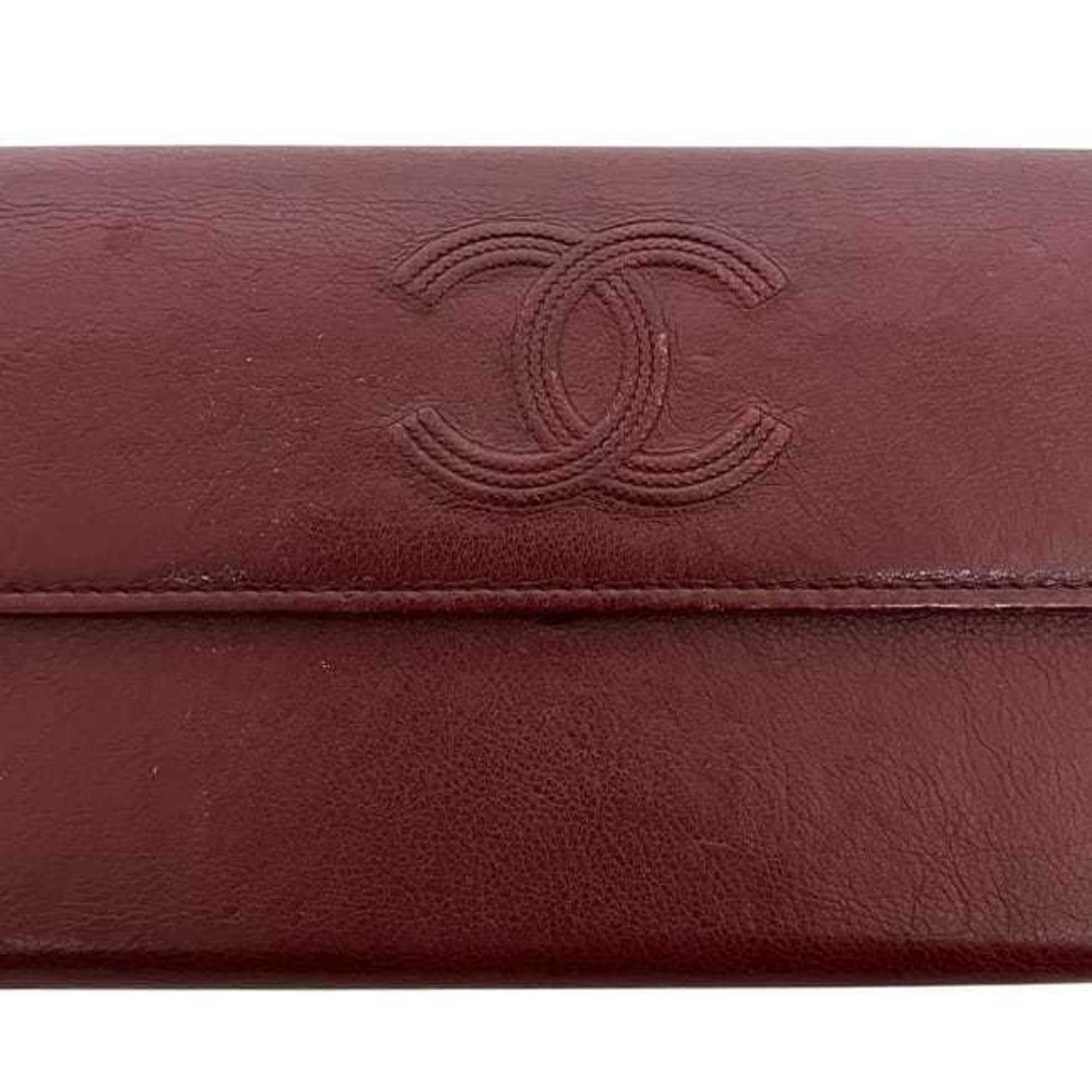 Chanel Bordeaux Leather Long Wallet (Bi-Fold) (Pre-Owned)