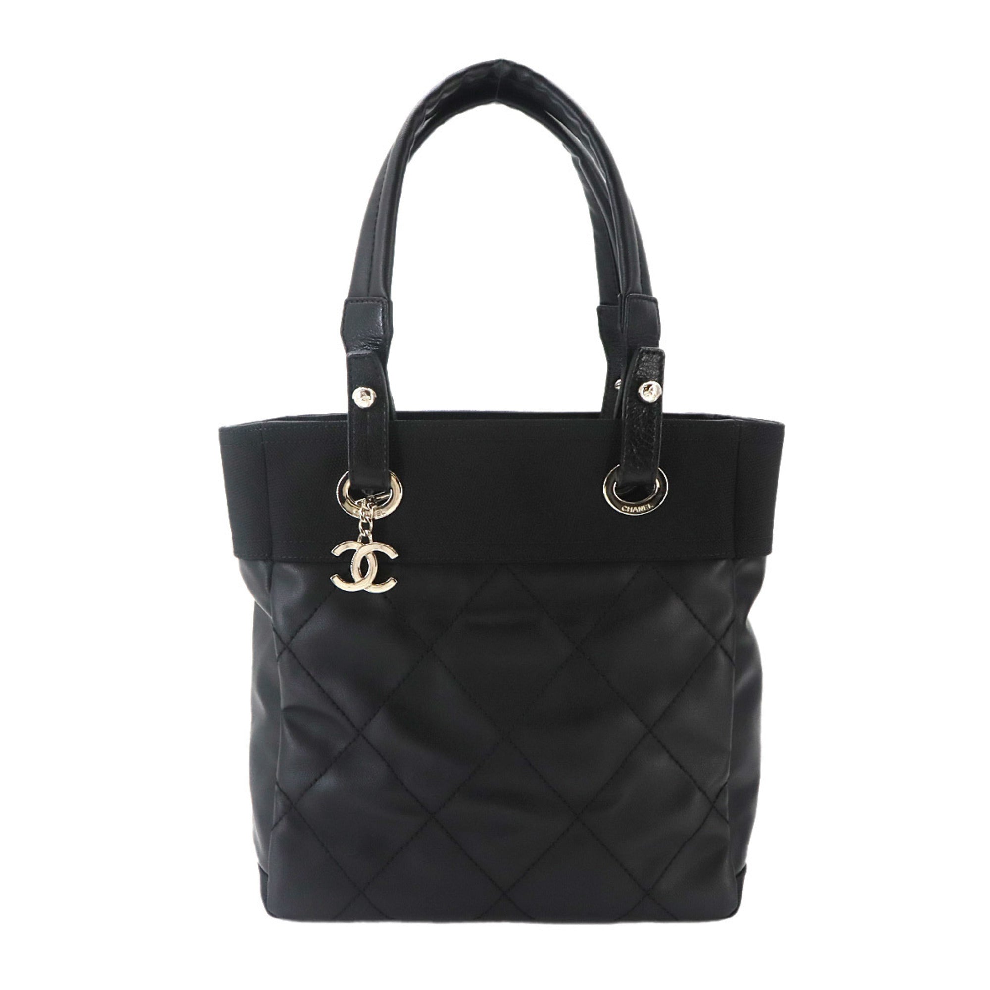 Chanel Paris Biarritz Black Nylon Pvc Leather Handbag Tote Bag (Pre-Owned)