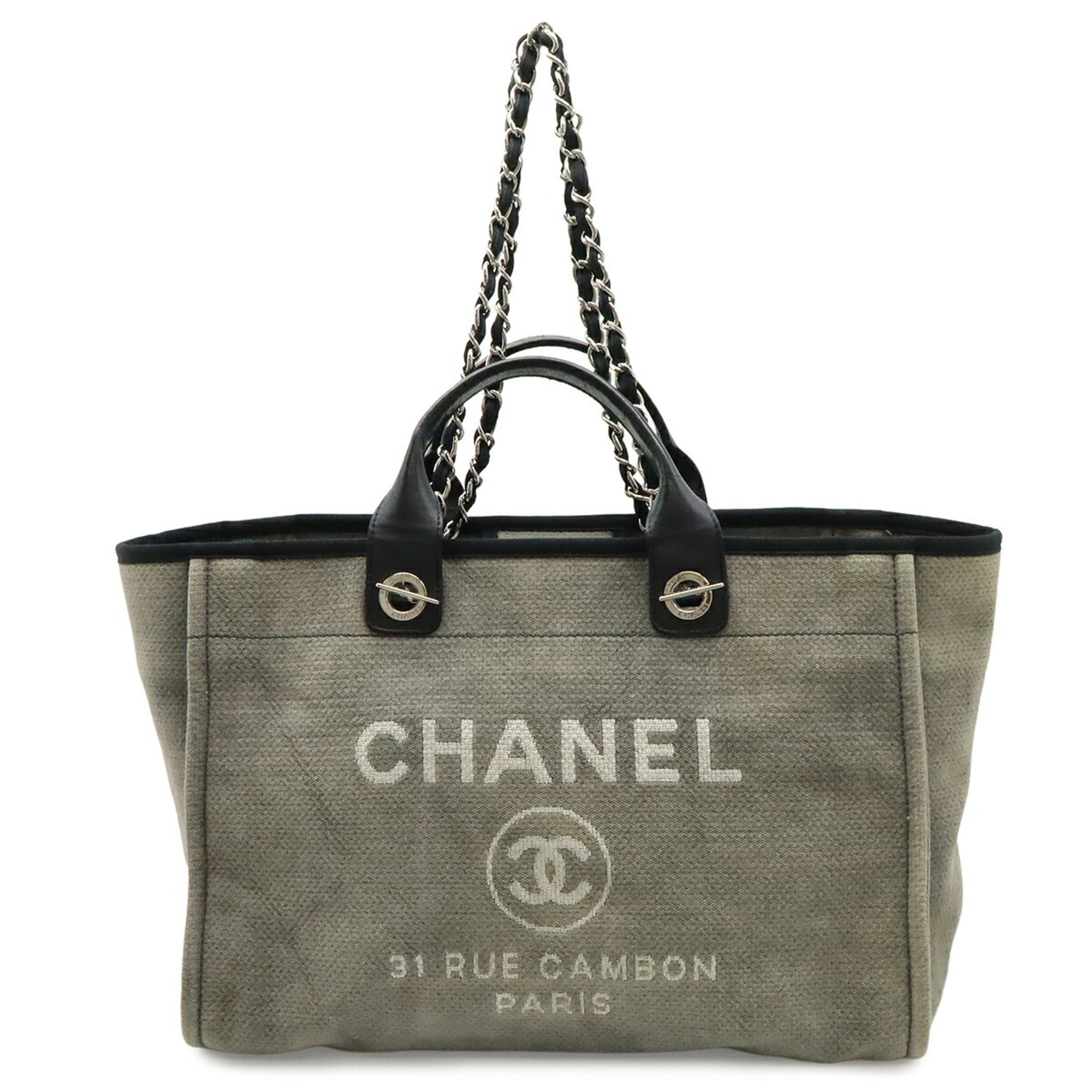 Chanel Black Gray Canvas Shoulder Bag Tote Bag (Pre-Owned)
