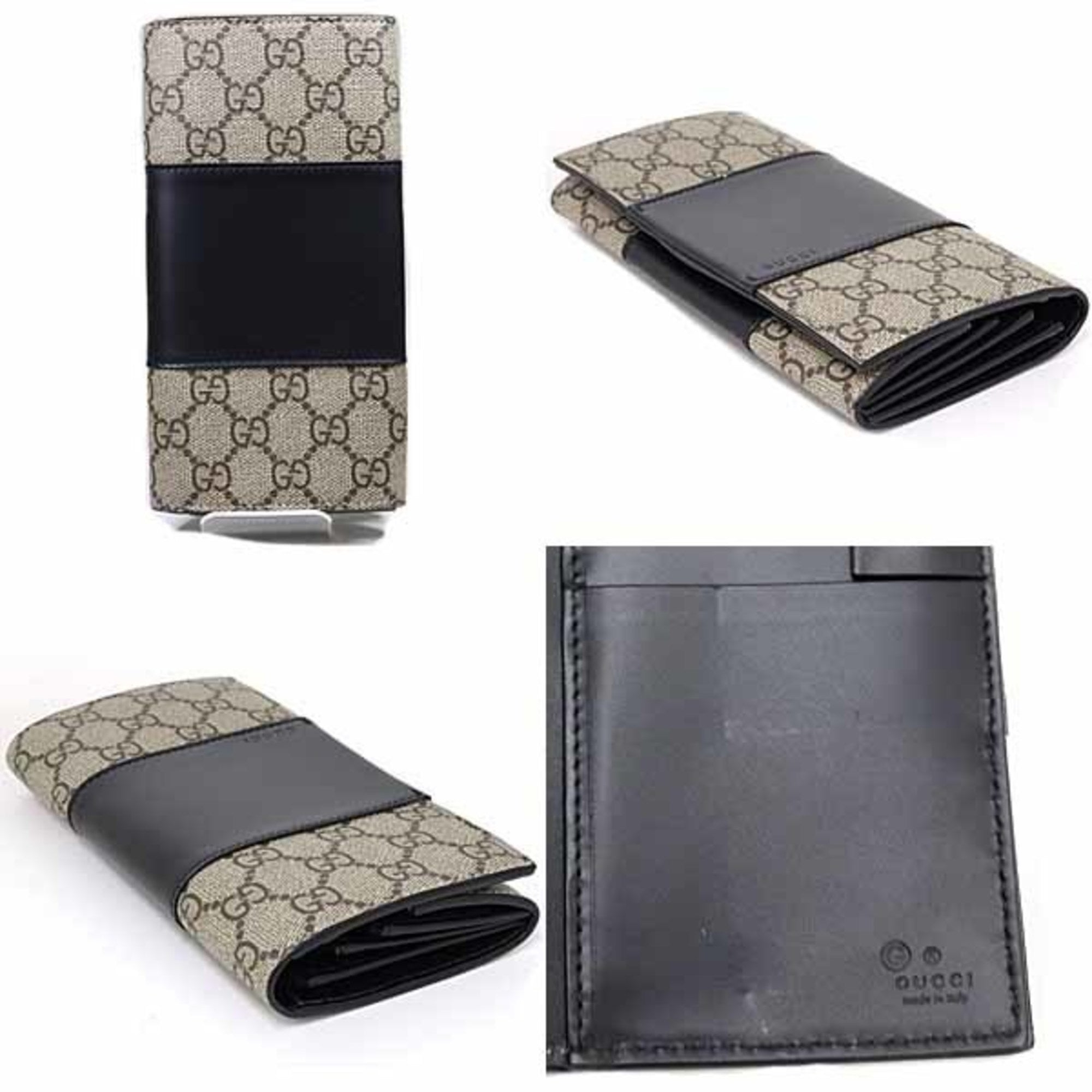 Gucci Beige Black Gg Supreme Leather Long Wallet (Bi-Fold) (Pre-Owned)