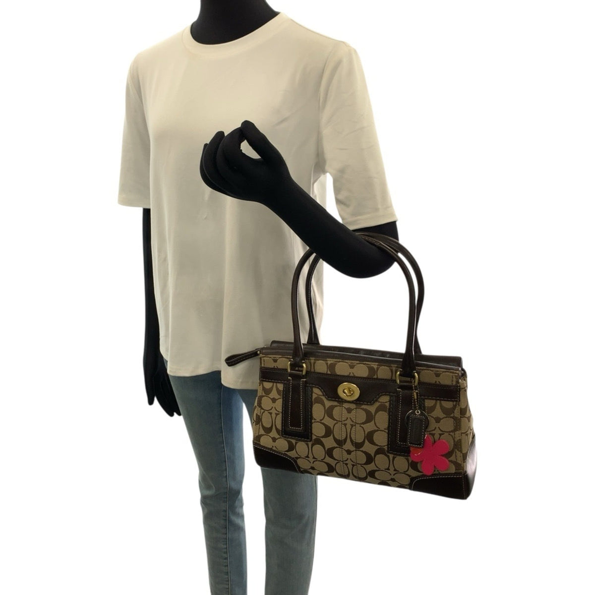 Coach Beige Dark Brown Canvas Leather Handbag Tote Bag (Pre-Owned)