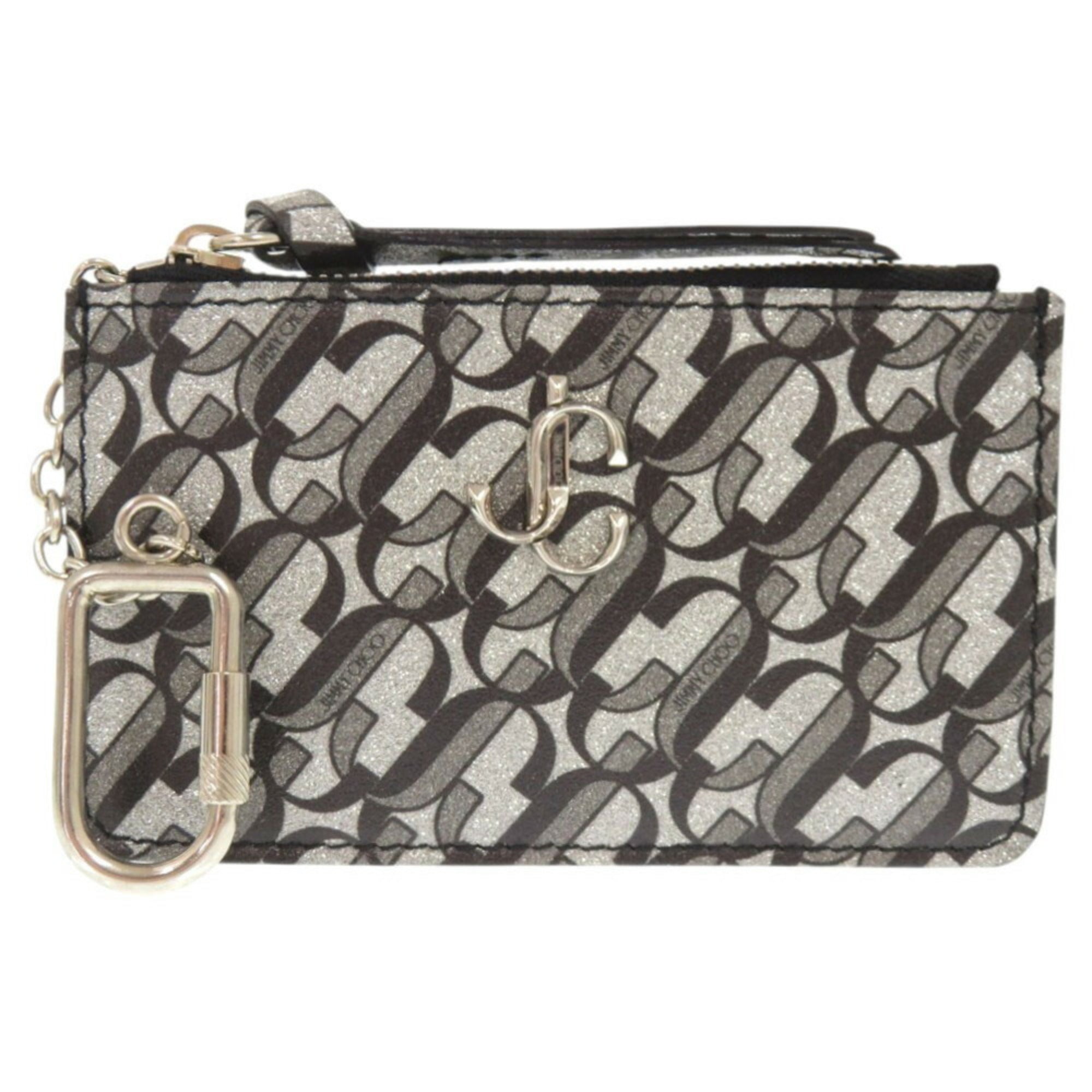 Jimmy Choo Silver Black Gray Leather Coin Purse/Coin Case (Pre-Owned)
