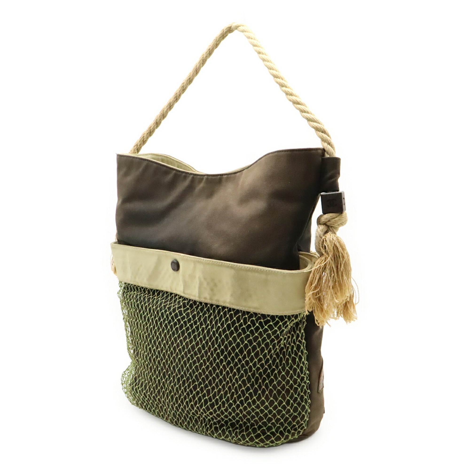 Chanel Beige Black Canvas Leather Wood Handbag Tote Bag (Pre-Owned)