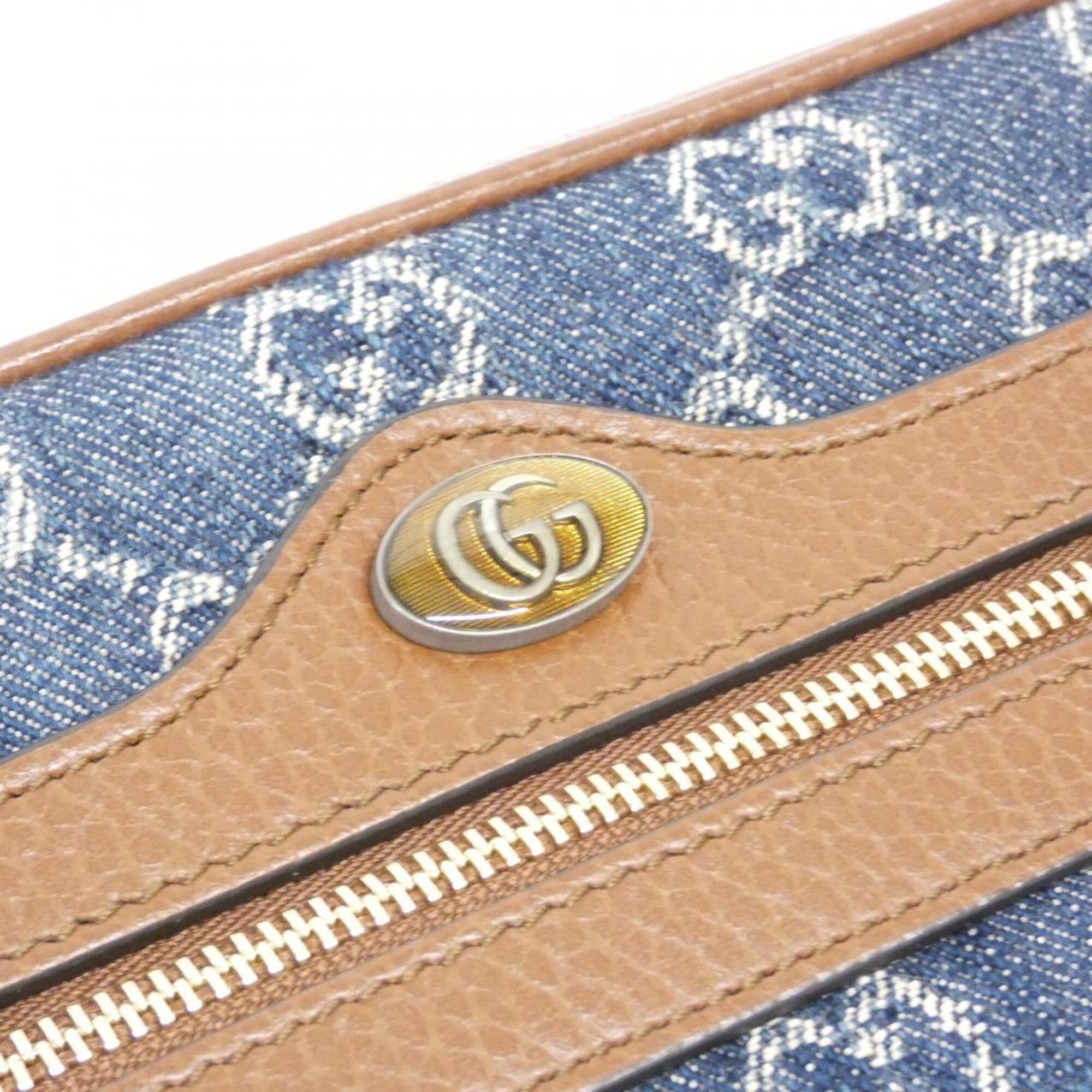 Gucci Brown Dark Blue Denim Leather Shoulder Bag (Pre-Owned)