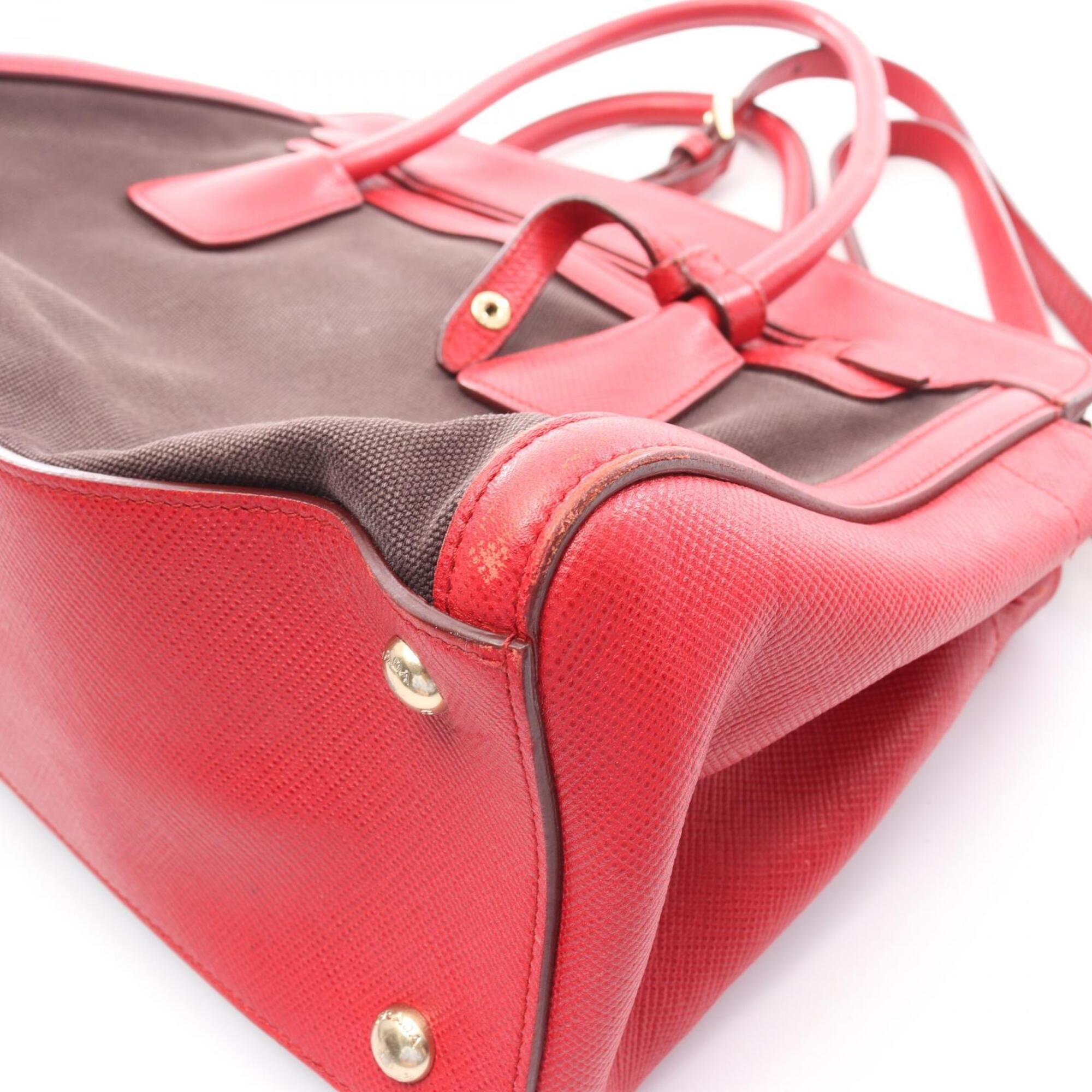 Prada Black Red Color Canvas Saffiano Handbag (Pre-Owned)