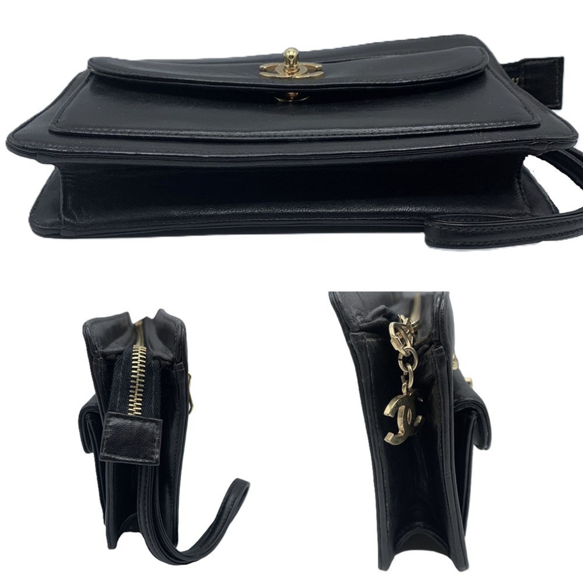 Chanel Black Leather Clutch Bag Pochette (Pre-Owned)