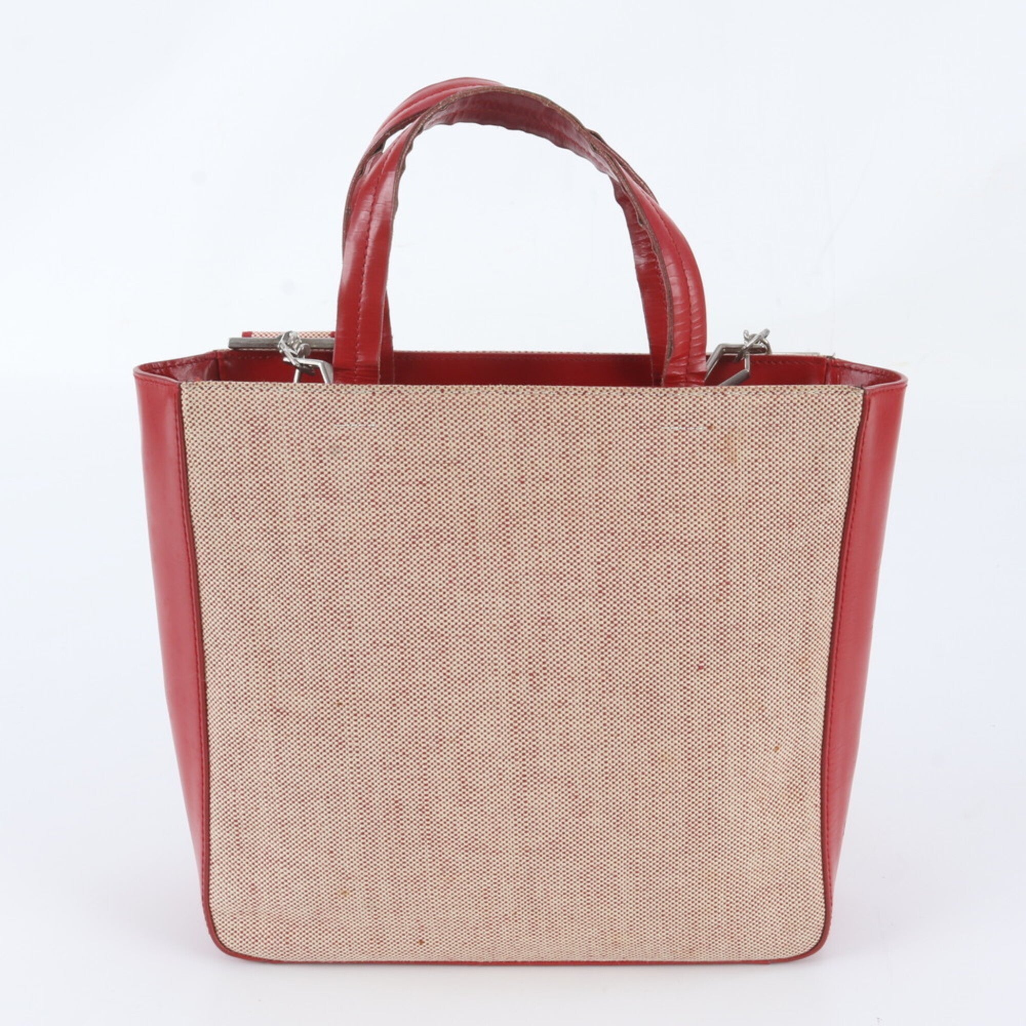 Prada Red Color Leather Canvas Crossbody Bag Handbag Shoulder Bag Tote Bag (Pre-Owned)