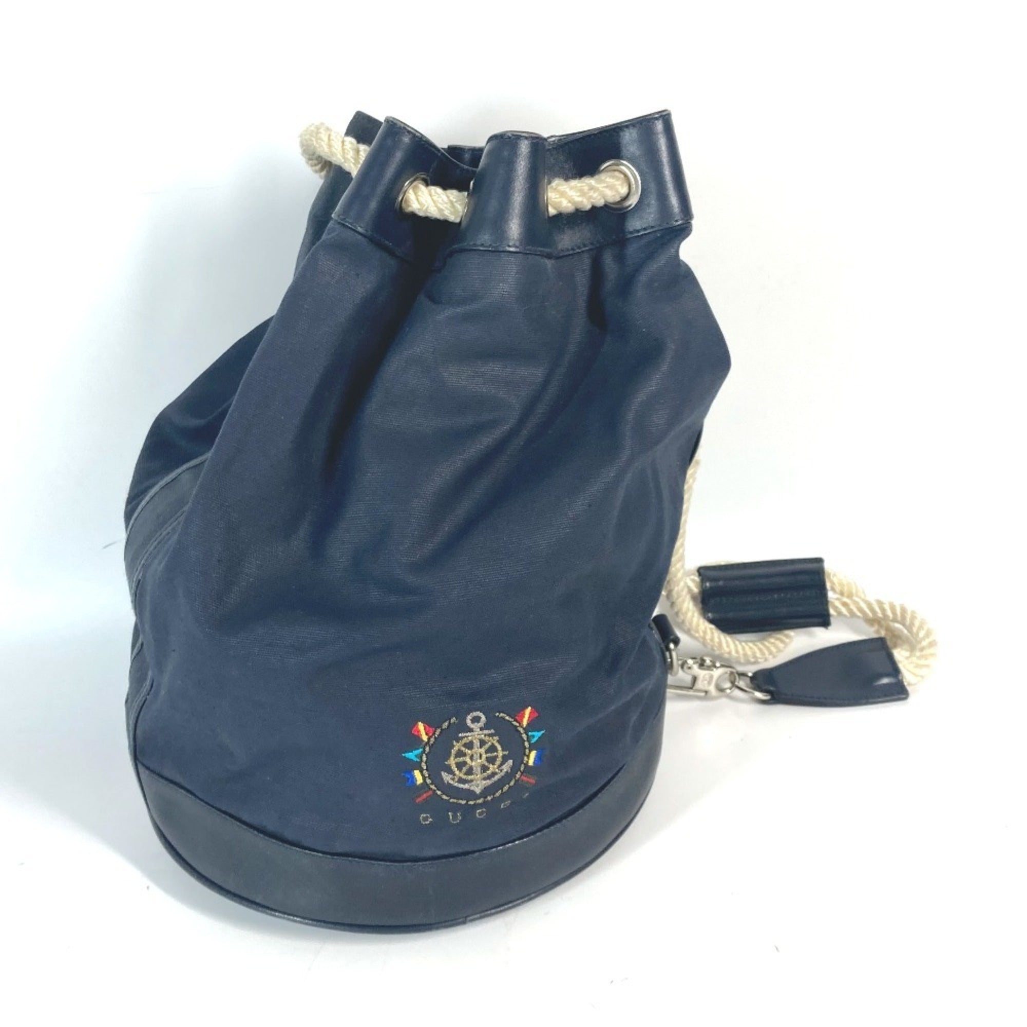 Gucci Navy Coated Canvas Leather Shoulder Bag (Pre-Owned)