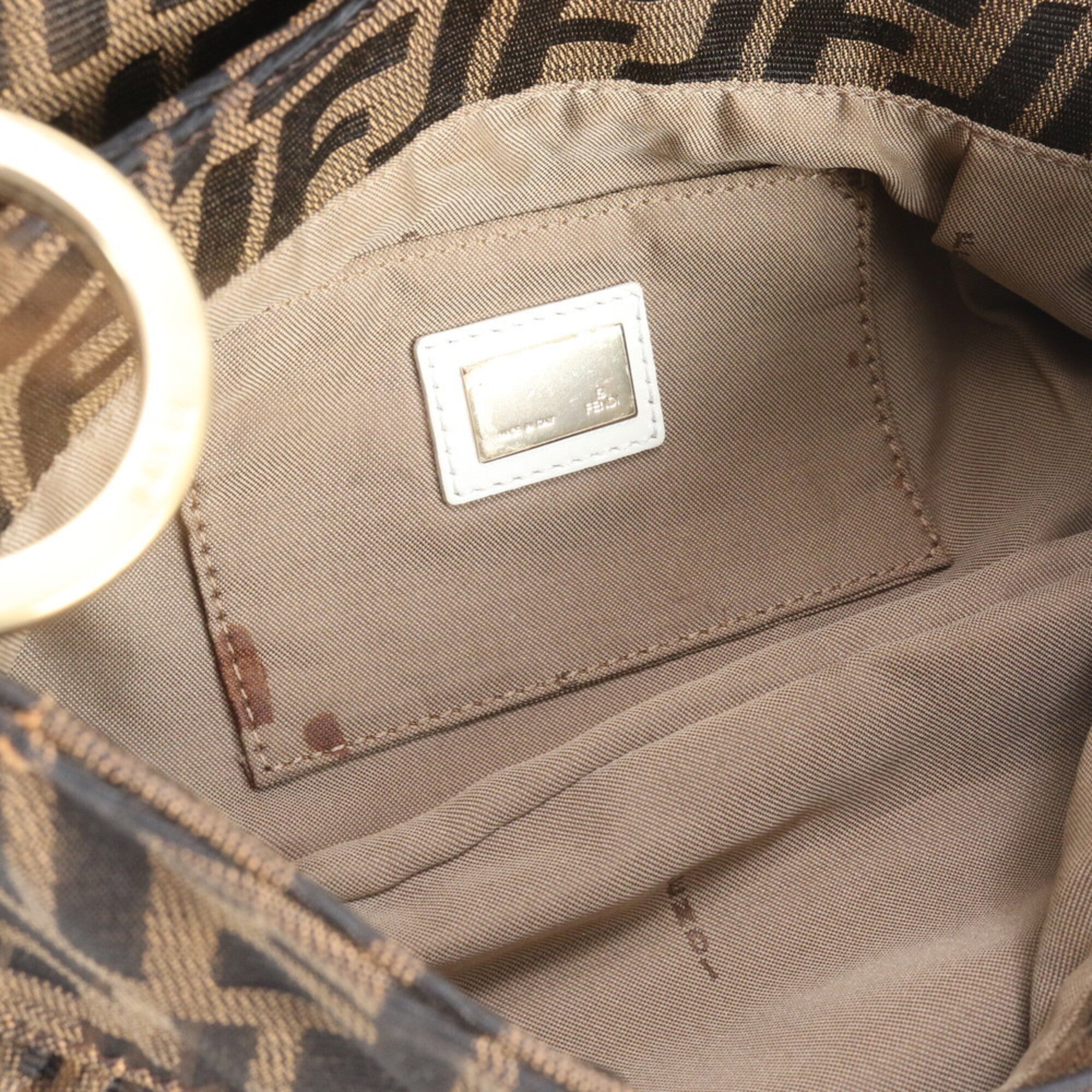 Fendi Brown White Leather Canvas Handbag Shoulder Bag Tote Bag (Pre-Owned)