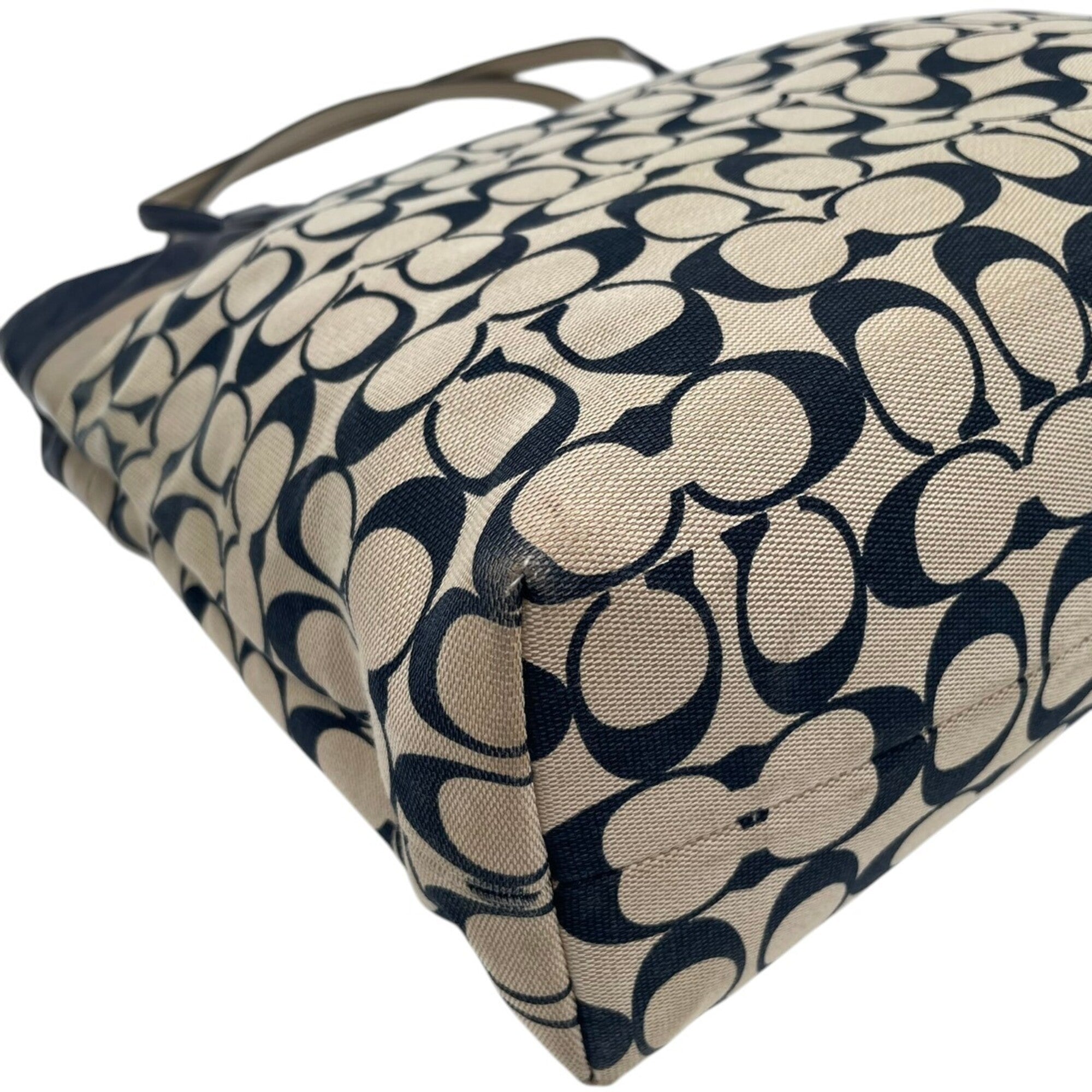 Coach Beige Navy Canvas Leather Handbag Tote Bag (Pre-Owned)