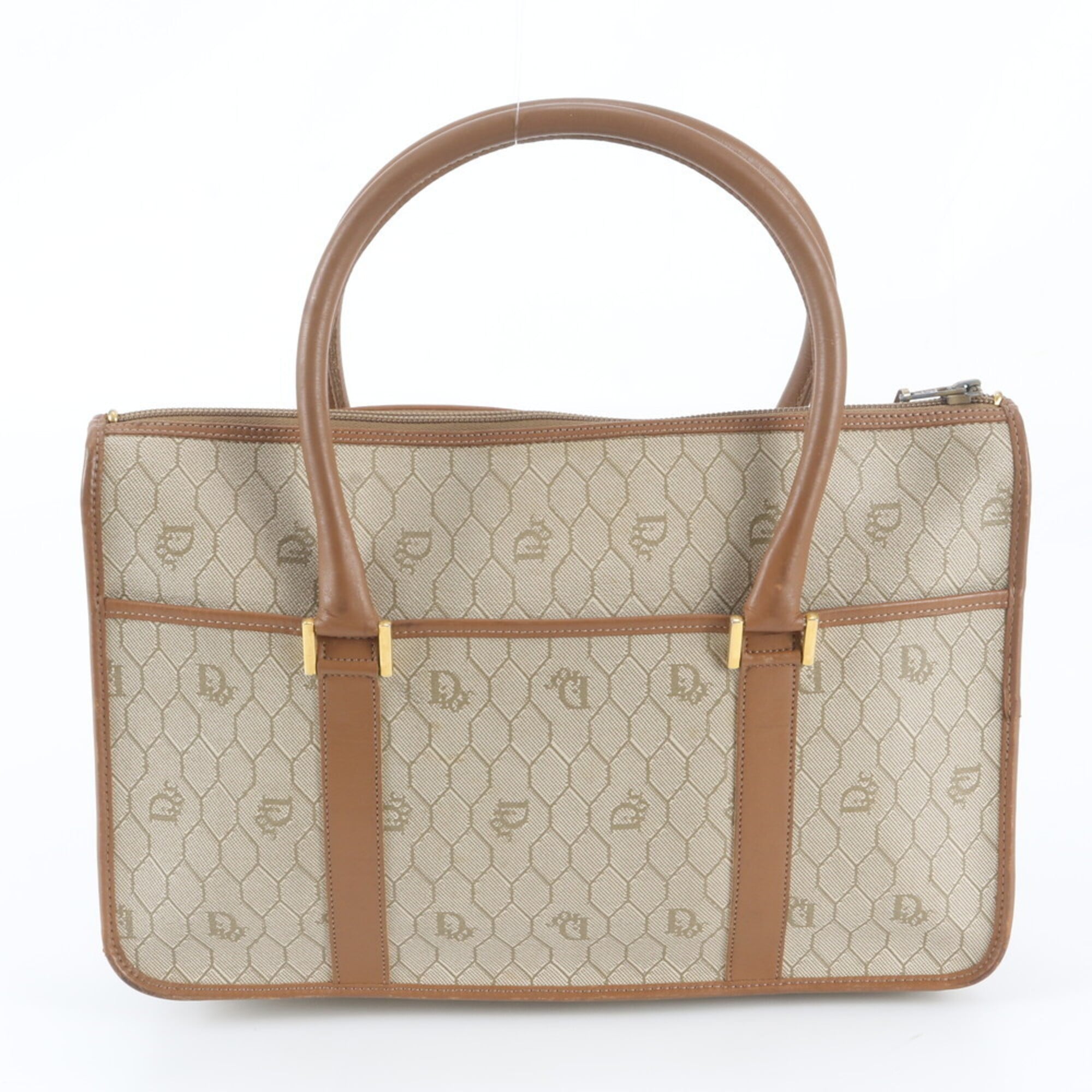 Christian Dior Beige Leather Coated Canvas Handbag Tote Bag (Pre-Owned)