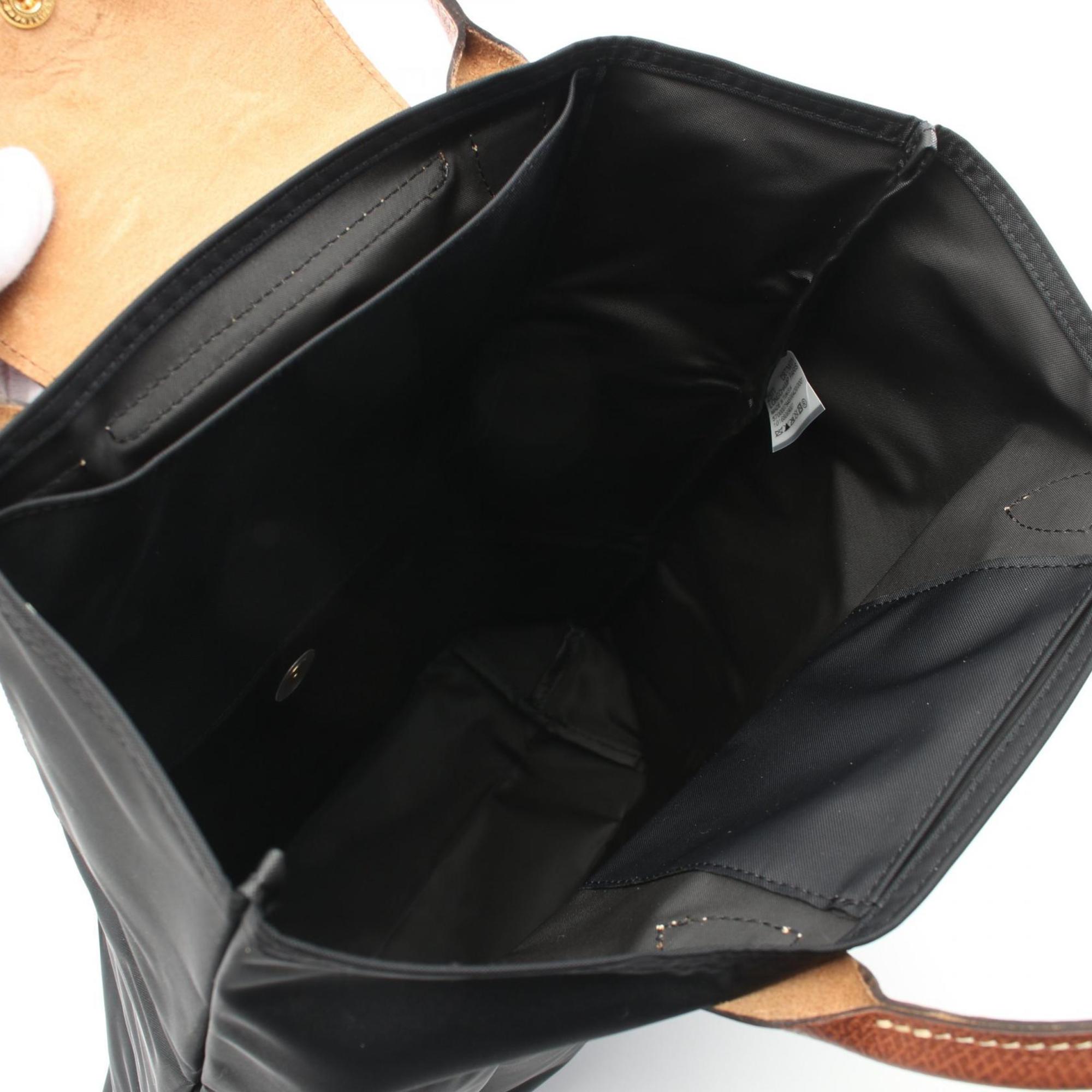 Longchamp Black Brown Nylon Leather Shopping Bag Tote Bag (Pre-Owned)