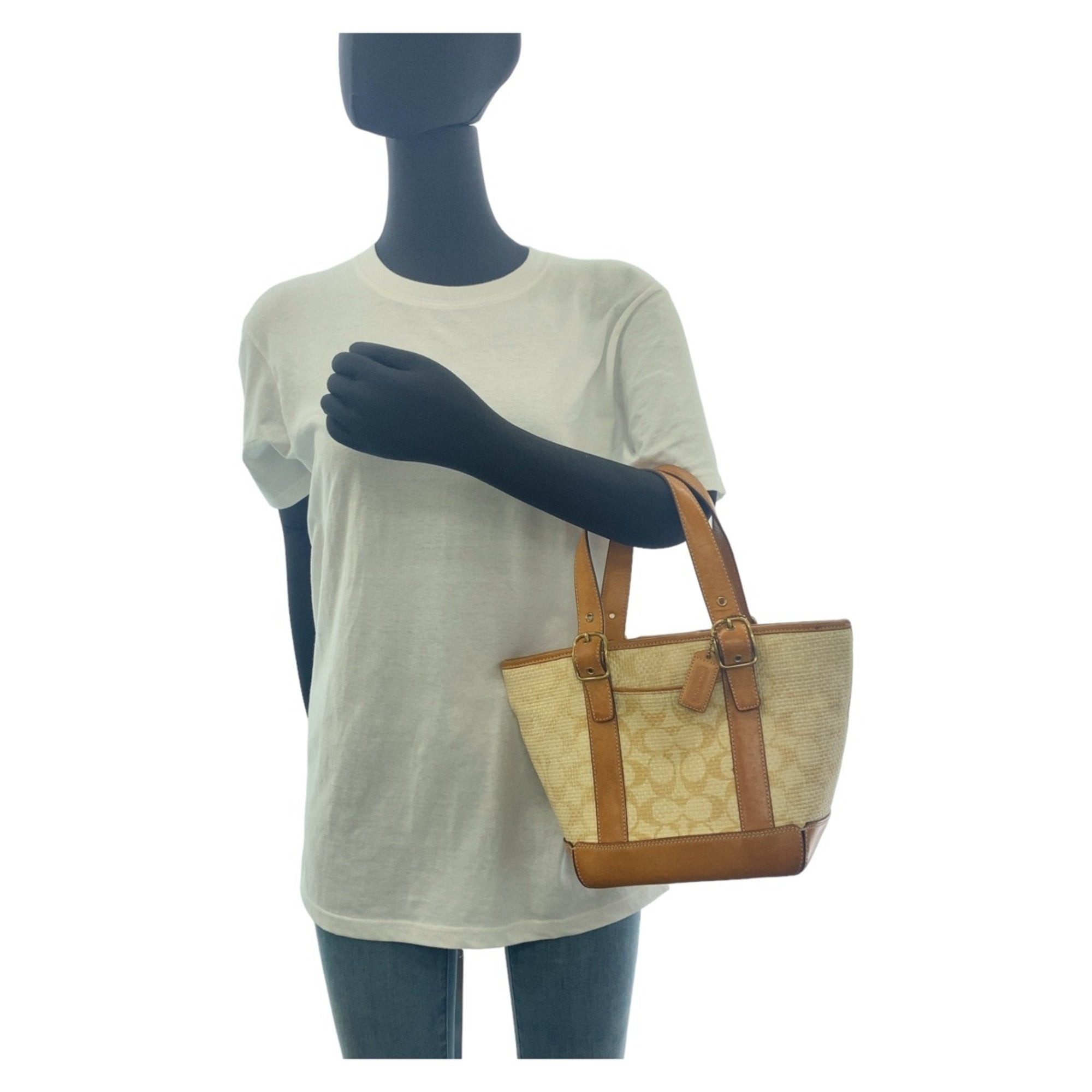 Coach Beige Camel Light Brown Straw Leather Handbag Shoulder Bag Tote Bag (Pre-Owned)