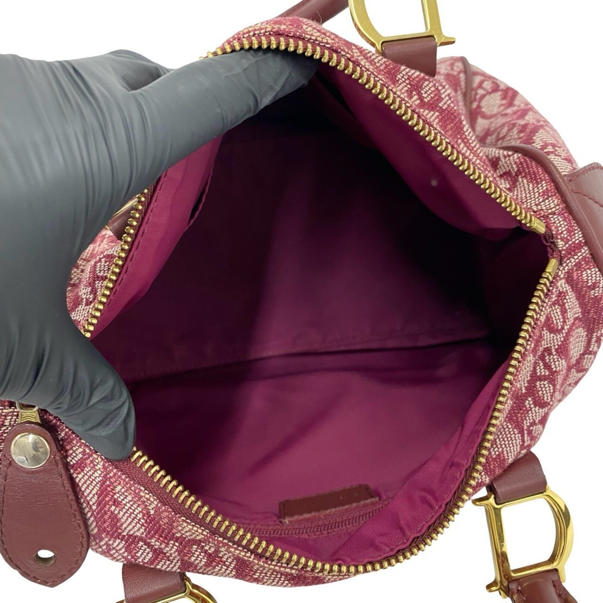 Christian Dior Red Color Wine Canvas Leather Boston Bag Handbag (Pre-Owned)