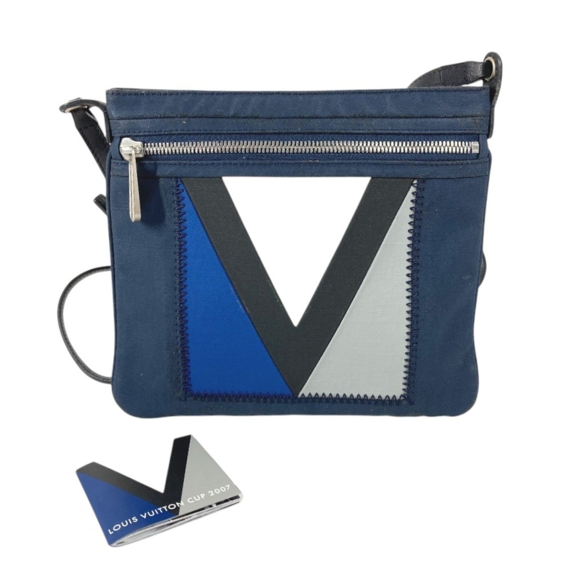 Louis Vuitton Navy Coated Canvas Leather Shoulder Bag (Pre-Owned)