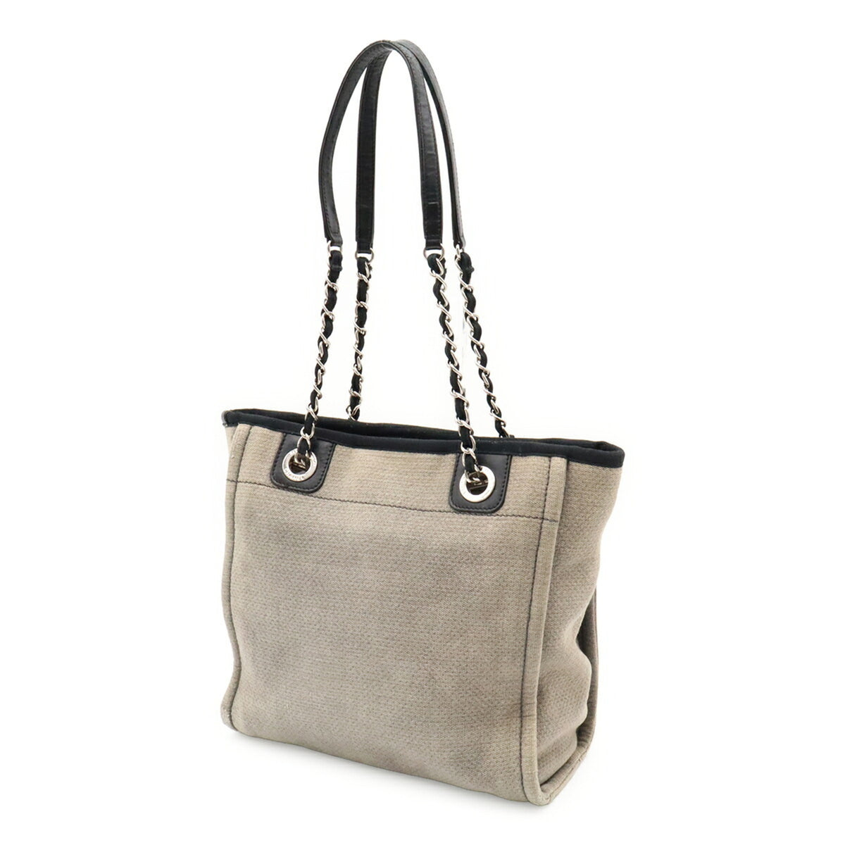 Chanel Black Gray Canvas Leather Shoulder Bag Tote Bag (Pre-Owned)
