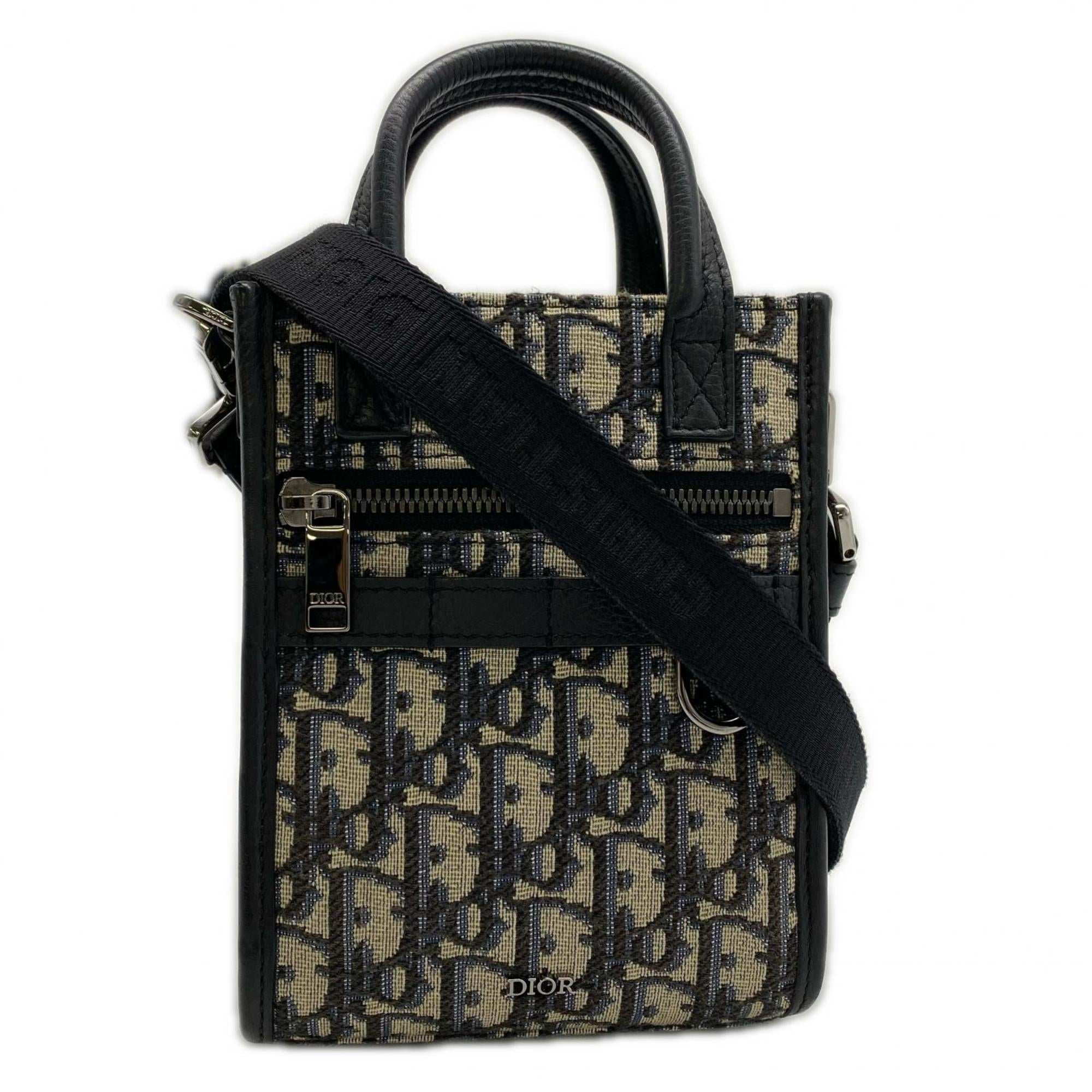 Christian Dior Beige Navy Canvas Leather Shoulder Bag (Pre-Owned)
