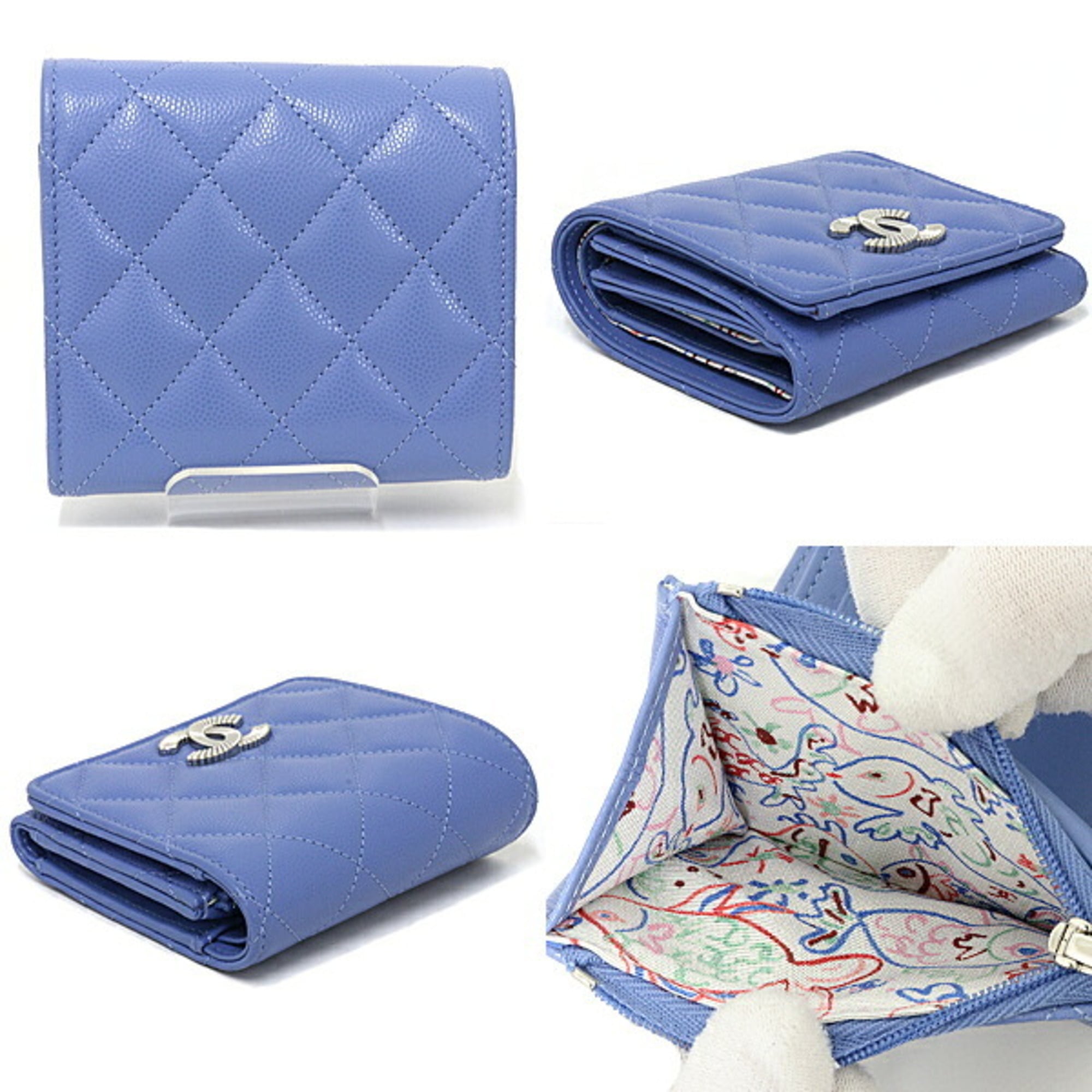 Chanel Matelasse Blue Grained Calfskin Wallet (Tri-Fold) (Pre-Owned)