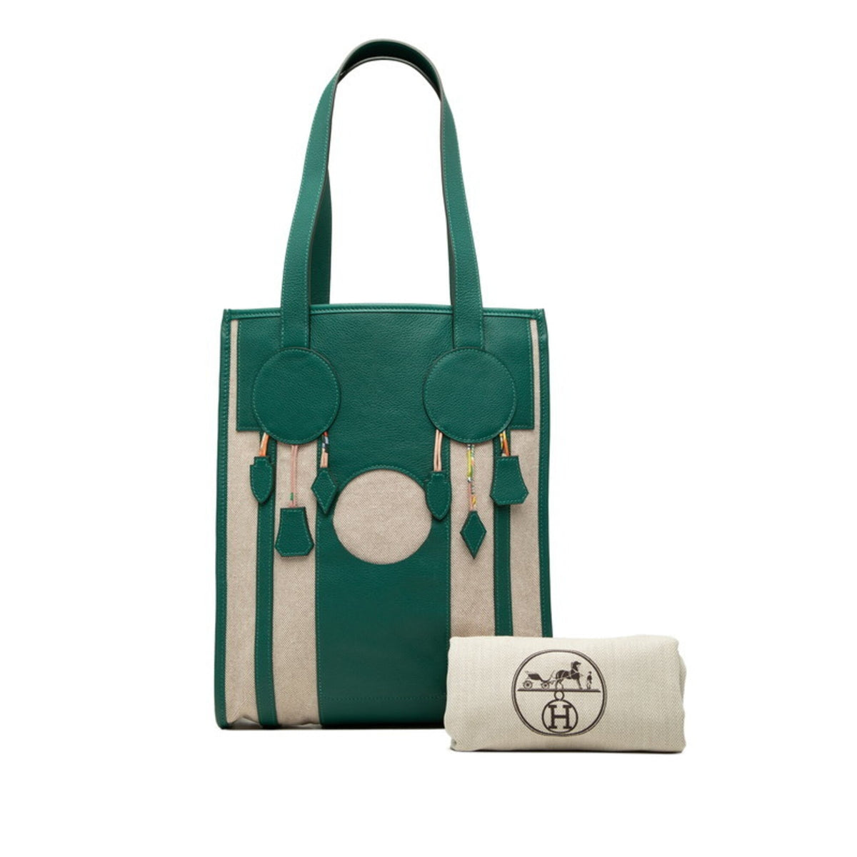 Hermes Beige Green Toile H Epsom Leather Shoulder Bag Tote Bag (Pre-Owned)