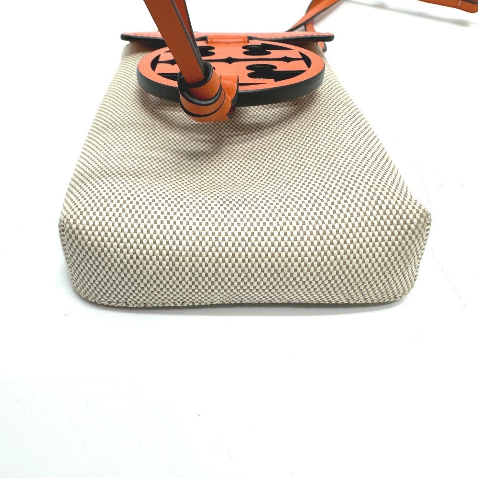 Tory Burch Beige Orange Canvas Leather Pochette Shoulder Bag (Pre-Owned)
