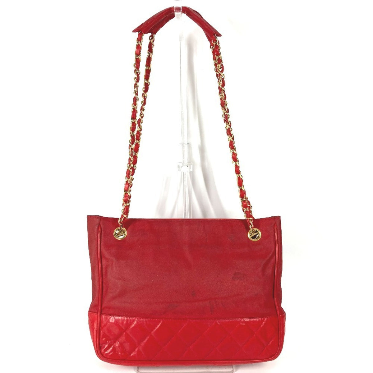 Chanel Red Color Leather Coated Canvas Shoulder Bag Tote Bag (Pre-Owned)
