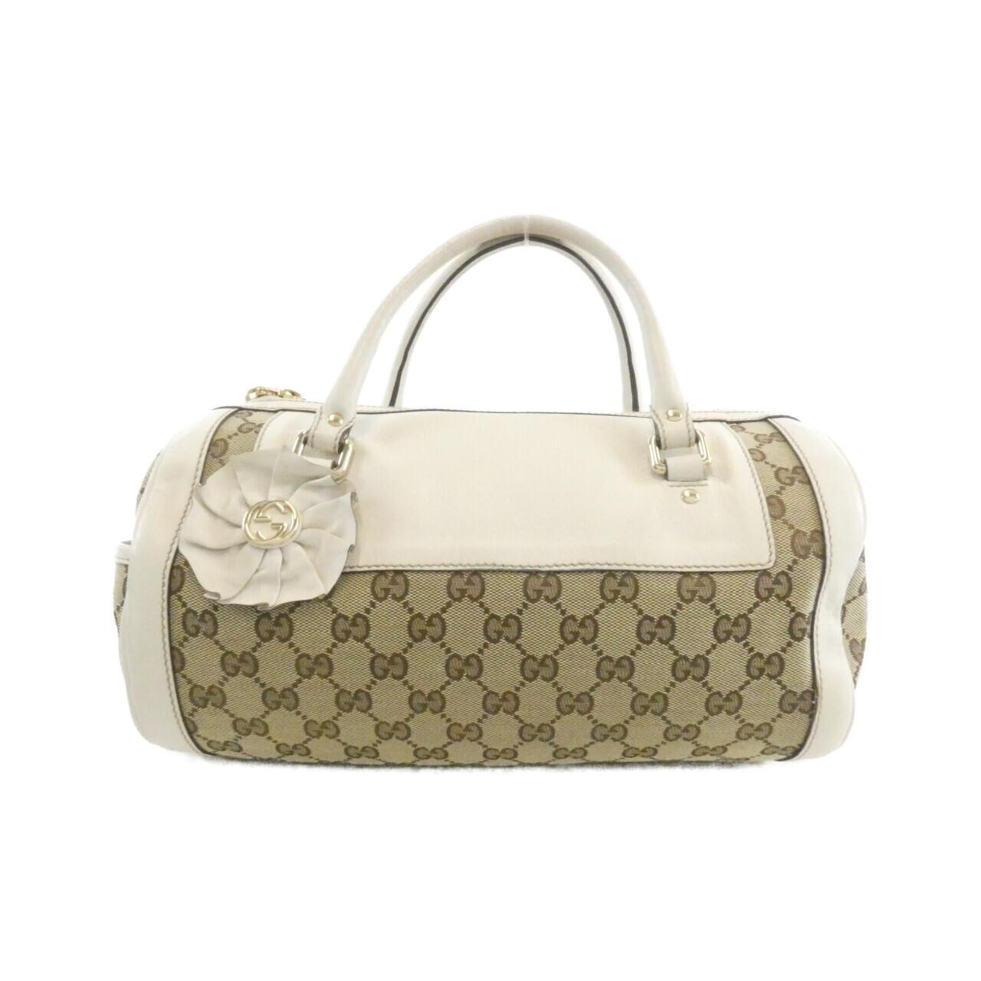 Gucci Gg Canvas Beige White Gg Canvas Leather Handbag (Pre-Owned)