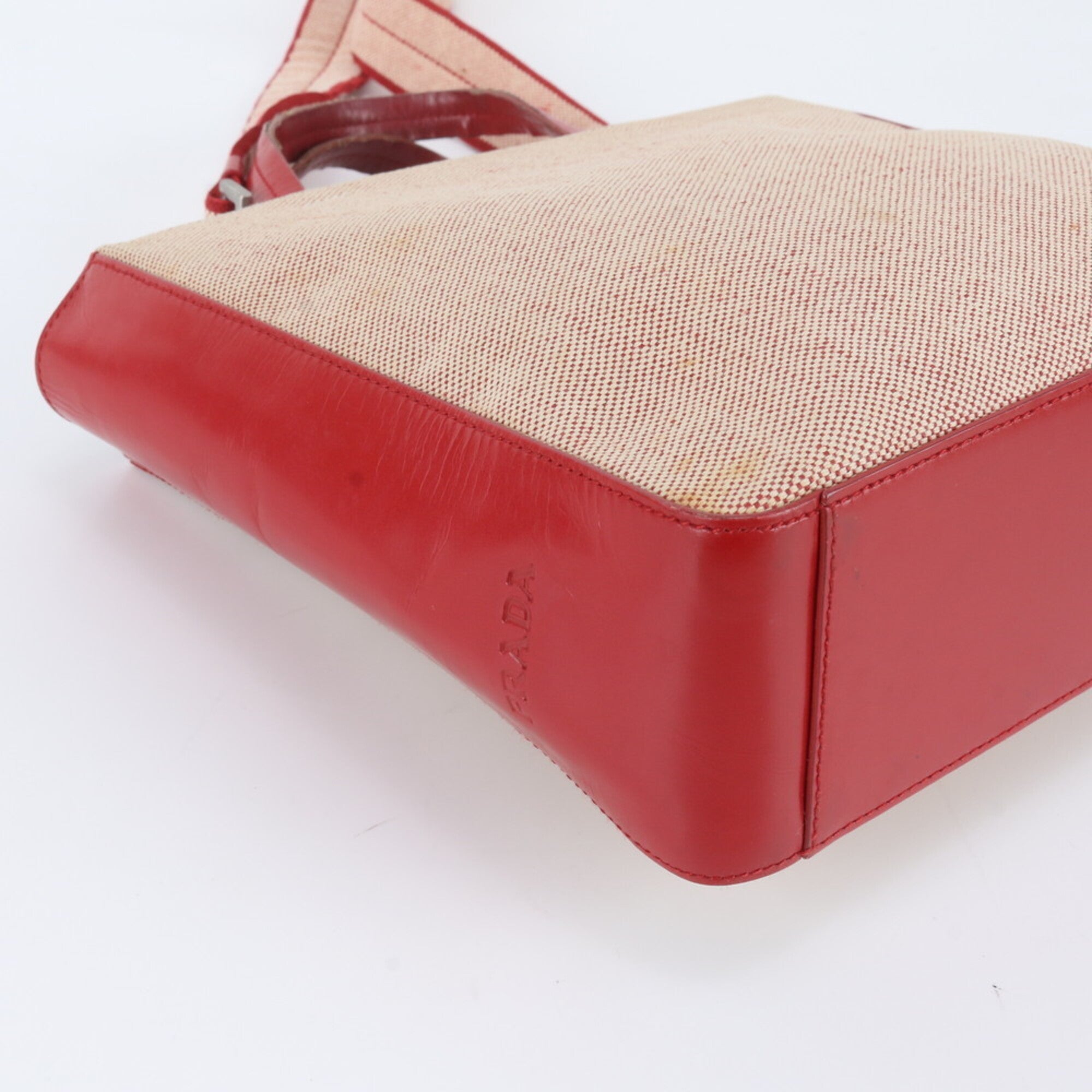 Prada Red Color Leather Canvas Crossbody Bag Handbag Shoulder Bag Tote Bag (Pre-Owned)