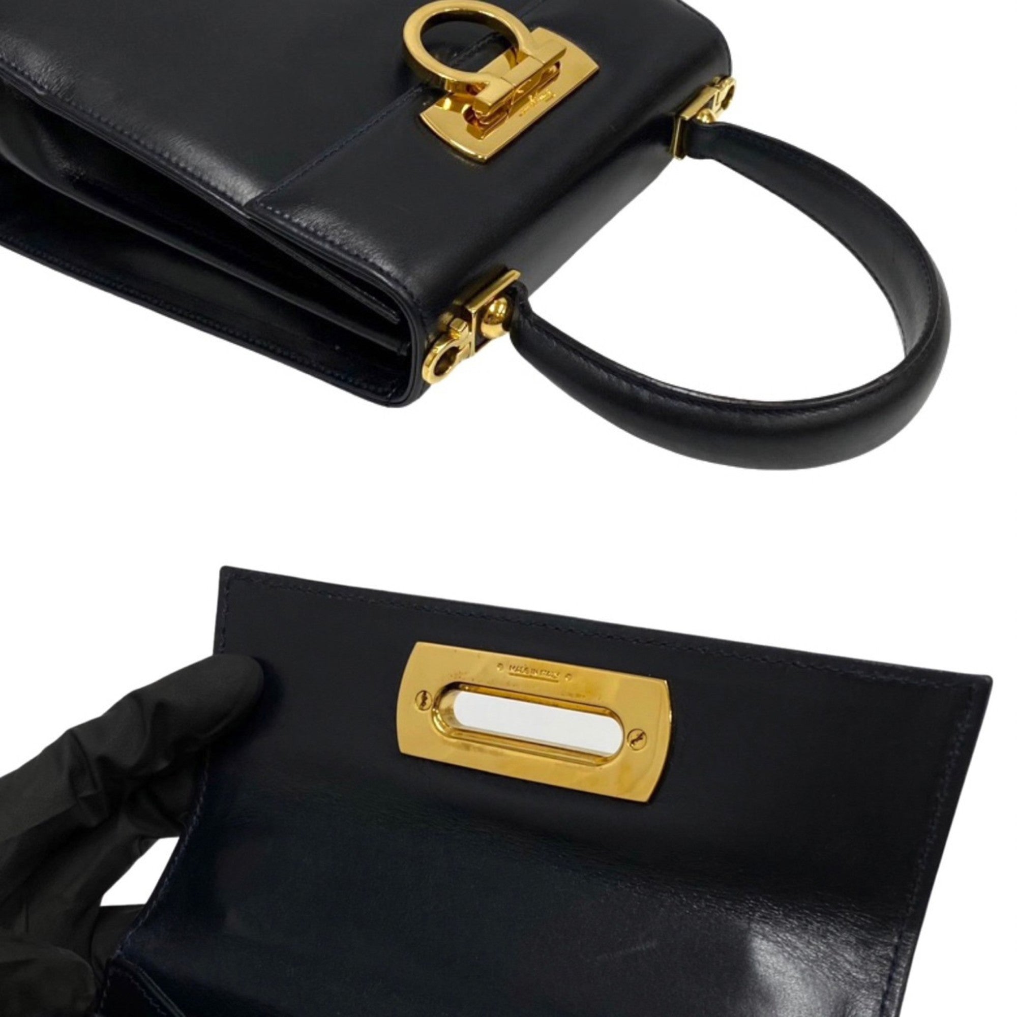 Salvatore Ferragamo Gancini Gold Navy Leather Handbag Shoulder Bag (Pre-Owned)
